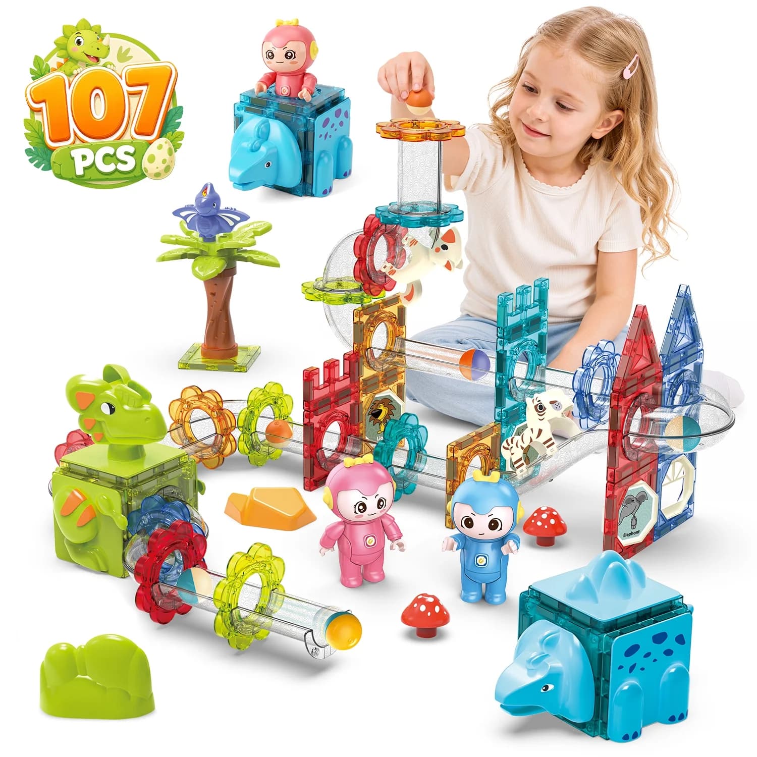 HopeRock Marble Run Magnetic Building Blocks, 107 PCS Magnetic Tiles Toys for Kids Ages 3 4 5 6 8+, STEM Toys, Birthday Gift for Boys and Girls.