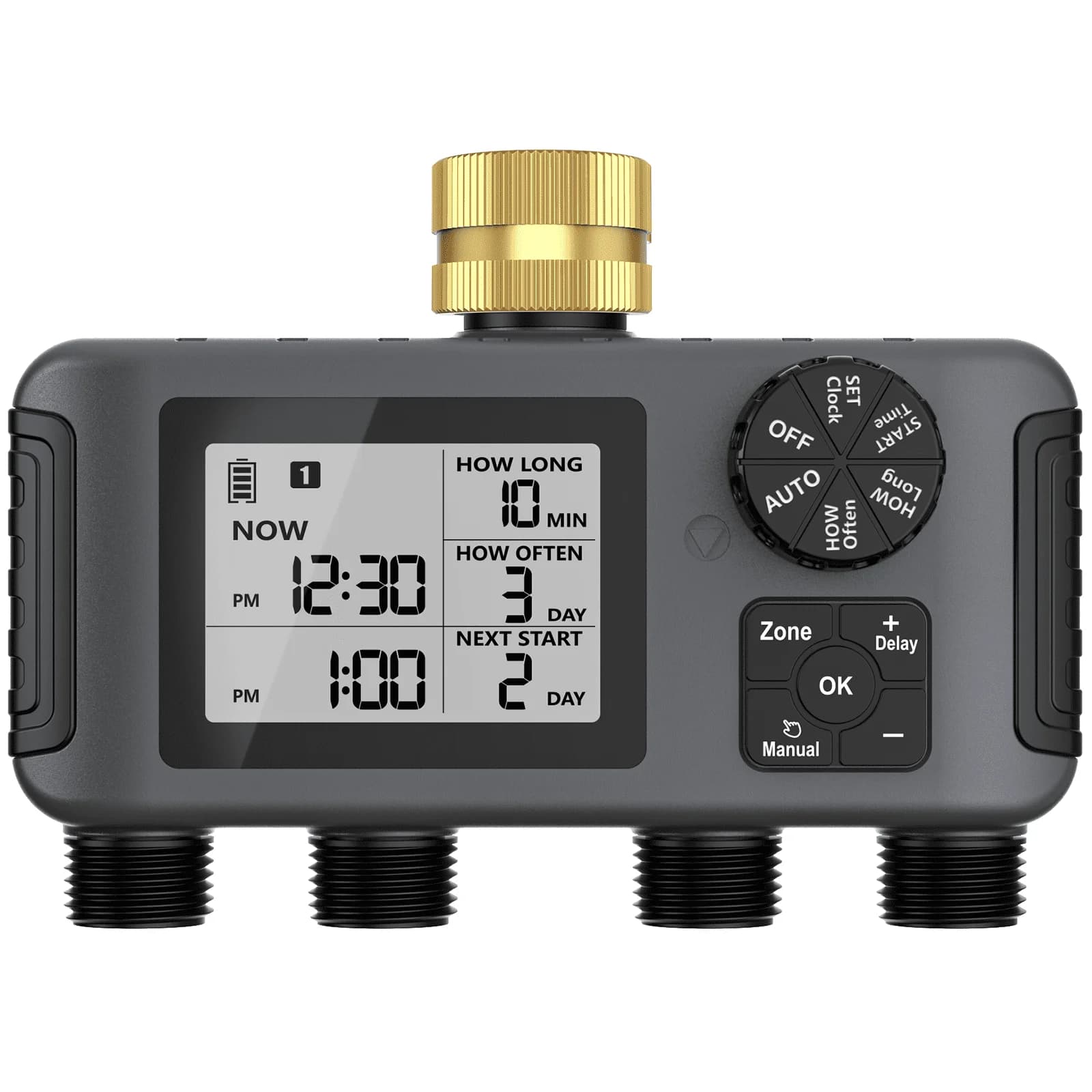 Temporizador de Agua para Manguera, Temporizador de Rociador Programable con Retraso de Lluvia/sistema de Riego por Goteo Manual/automático para Jardín y Patio Exterior, 4 Tomacorrientes