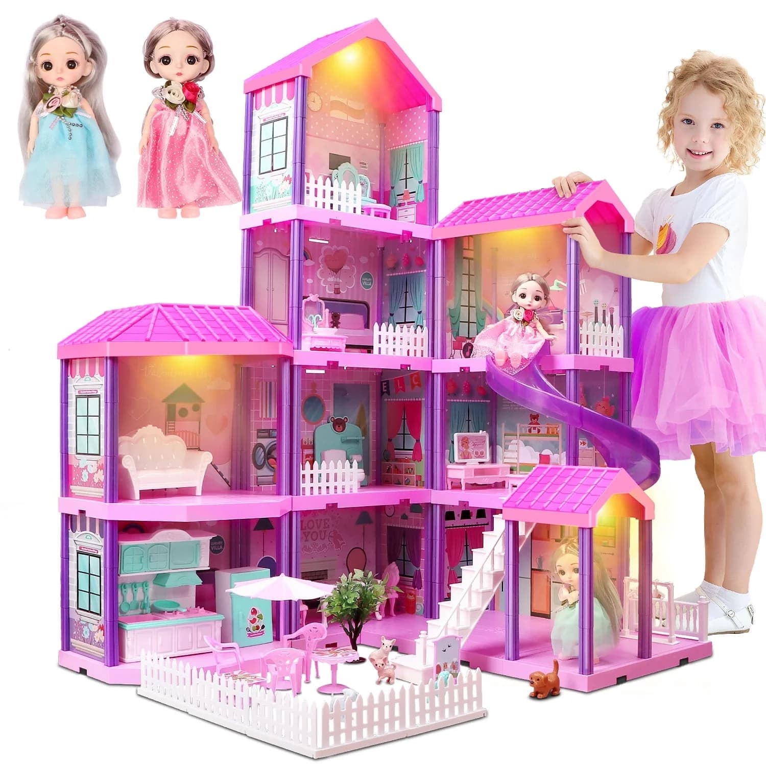 Huge Wave Doll House Dollhouse Set de Juego Juguetes para Niñas, 36 inch 11 Habitaciones Grandes con Figuras de Muñecas, con Luz Cálida, Regalo de Cumpleaños de Princesa para Niñas de 3-8 Años