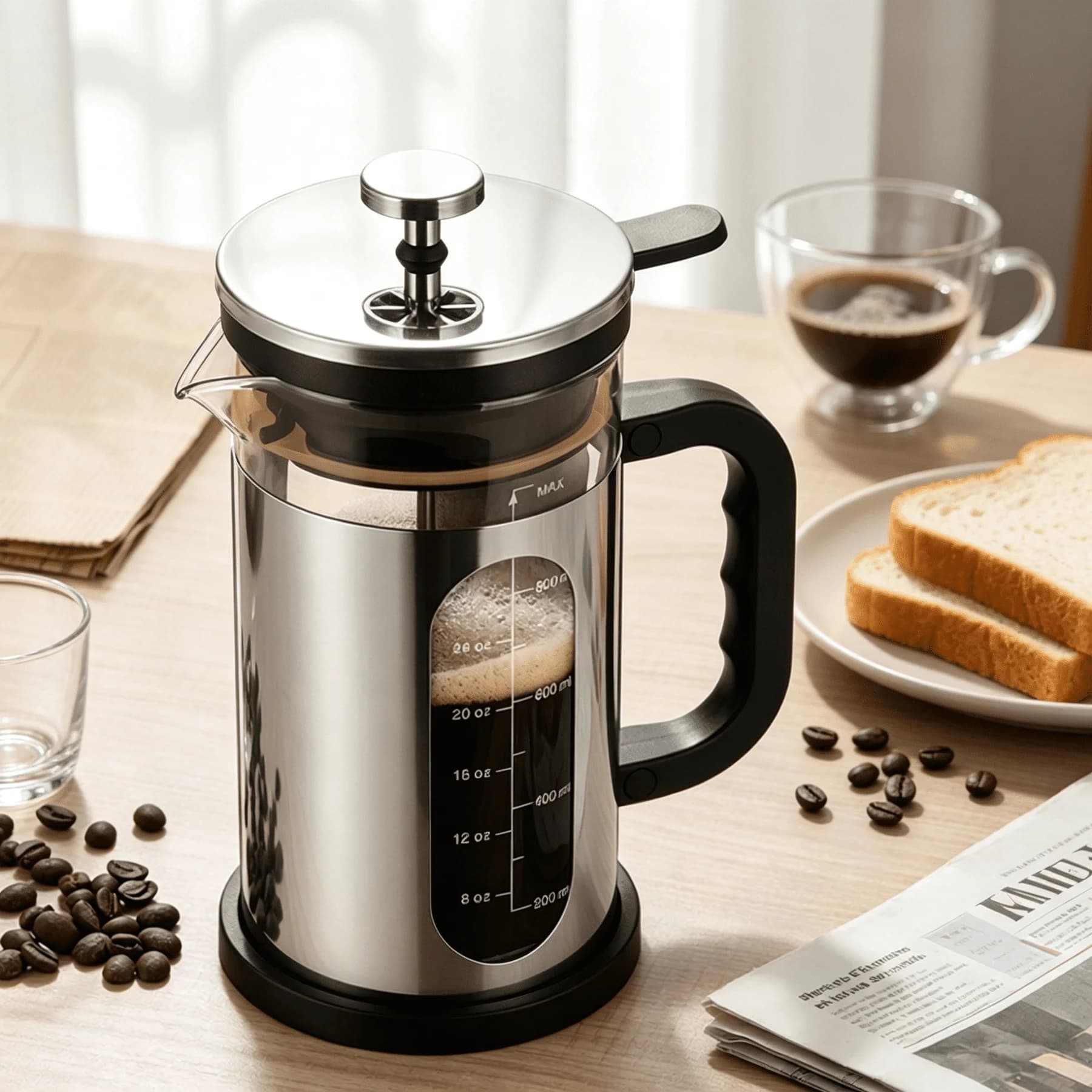 JUXIAO 35 oz French Press Coffee Maker , 304 Stainless Steel Cold Brew Coffee Make,Heat Resistant Thick Borosilicate Glass French Presses with Fine Filtration System, Black