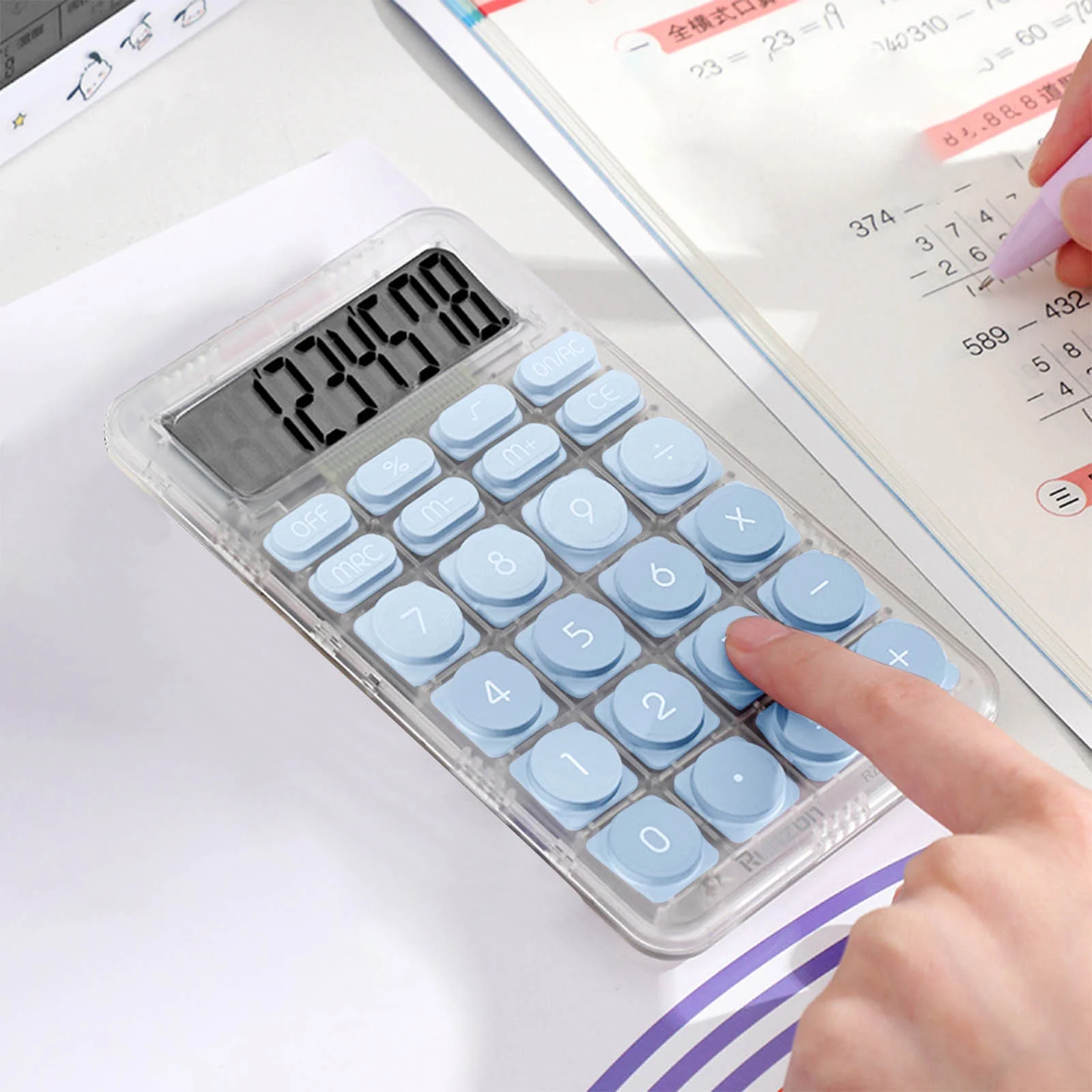 JingChun Mechanical Switch Calculator, Transparent Body, Large LCD Display, Big Buttons, Desktop, Cute, Aesthetic
