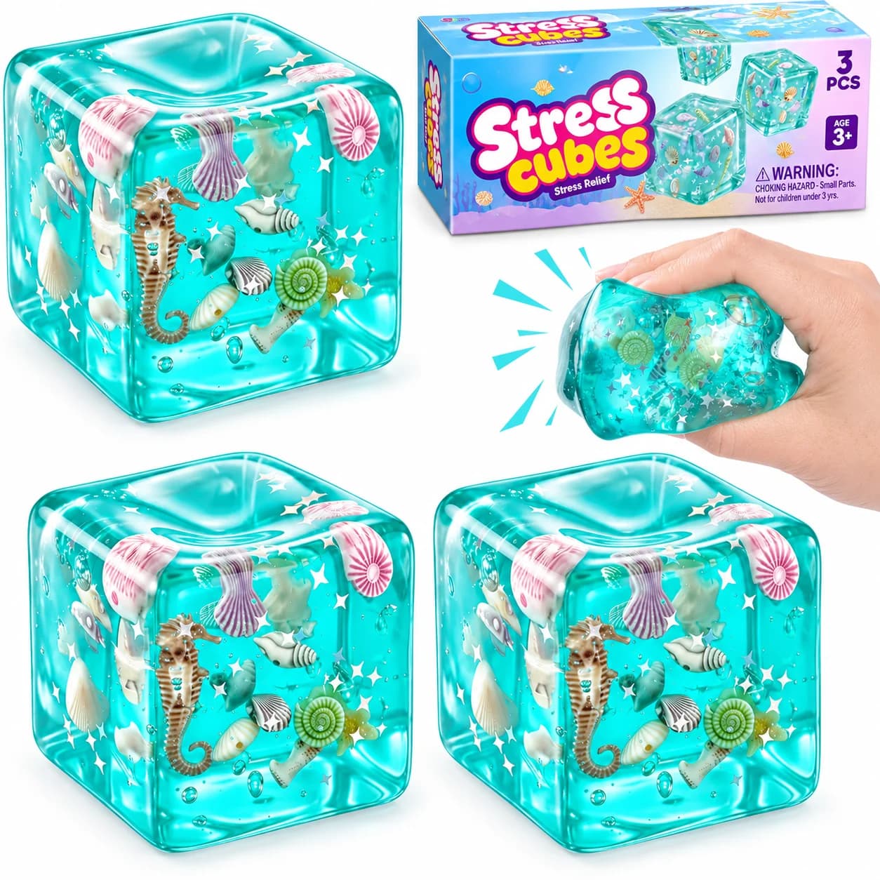 Joyfy 3Pack Ocean Cube Squishy Toys, 2.2 Inch Marine-Themed Miniature Landscape Fidget Stress Relief Toys for Kids and Adults, Squeeze Cubes for Birthday Gifts,Party Favor