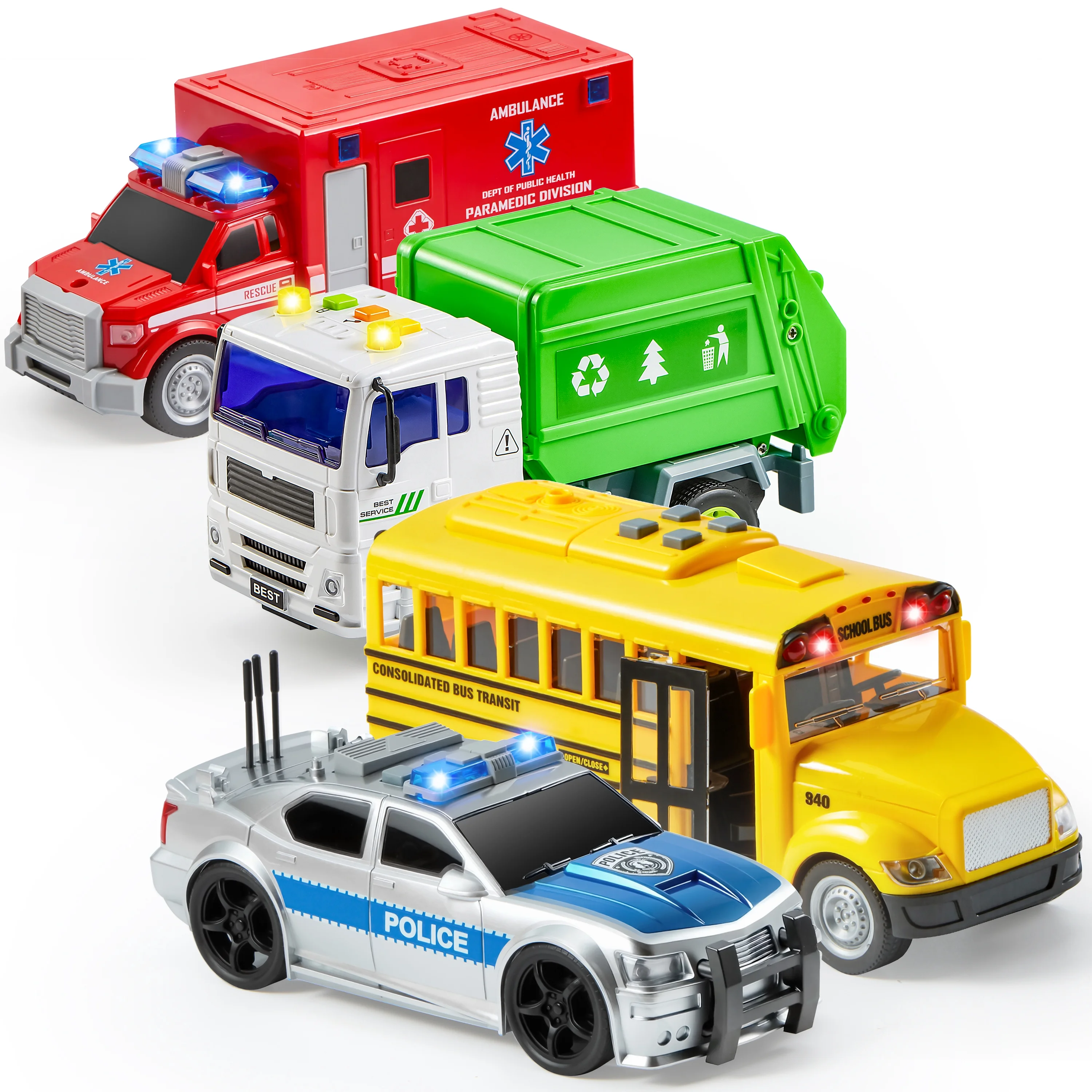Joyfy Juego de Juguetes de Vehículos de 4 Pzas de 7", Juguetes de Autos para Niños Pequeños Que Incluyen Auto de Policía, Autobús Escolar, Camión de Basura, Ambulancia, Regalos de Navidad y Cumpleaños Juguetes para Niños de 2 3 4 5 6 Años