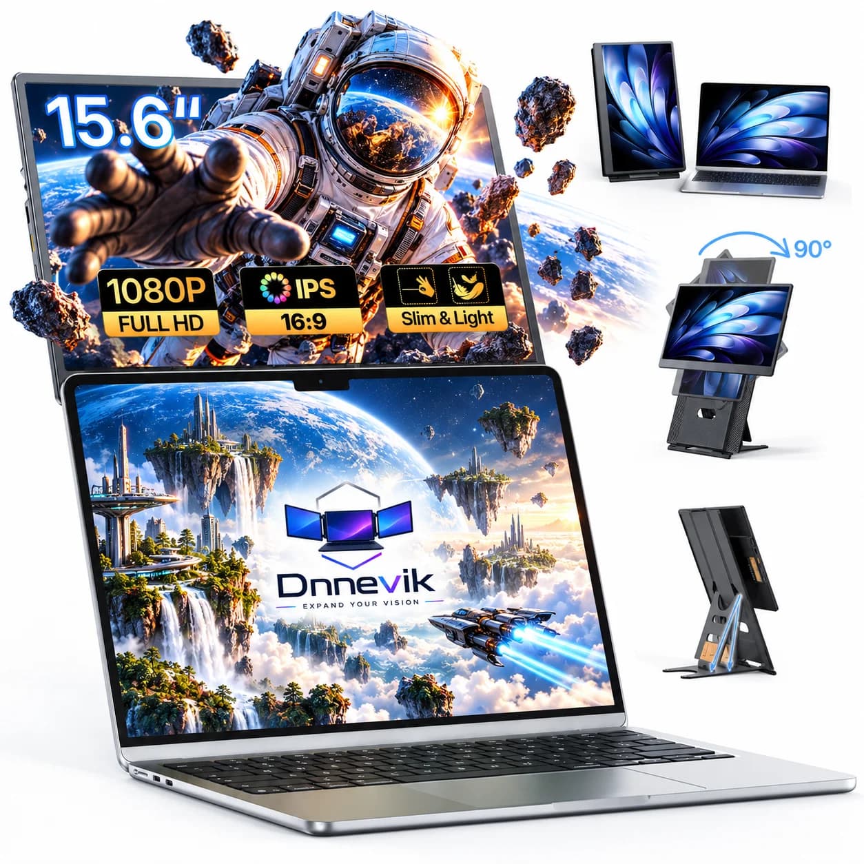 Dnnevik 15.6" Laptop Screen Extender, FHD 1080P IPS Portable Monitor, 100% sRGB, 330 Nits, 0.52" Ultra-Thin, Detachable Stand, USB-C/HDMI