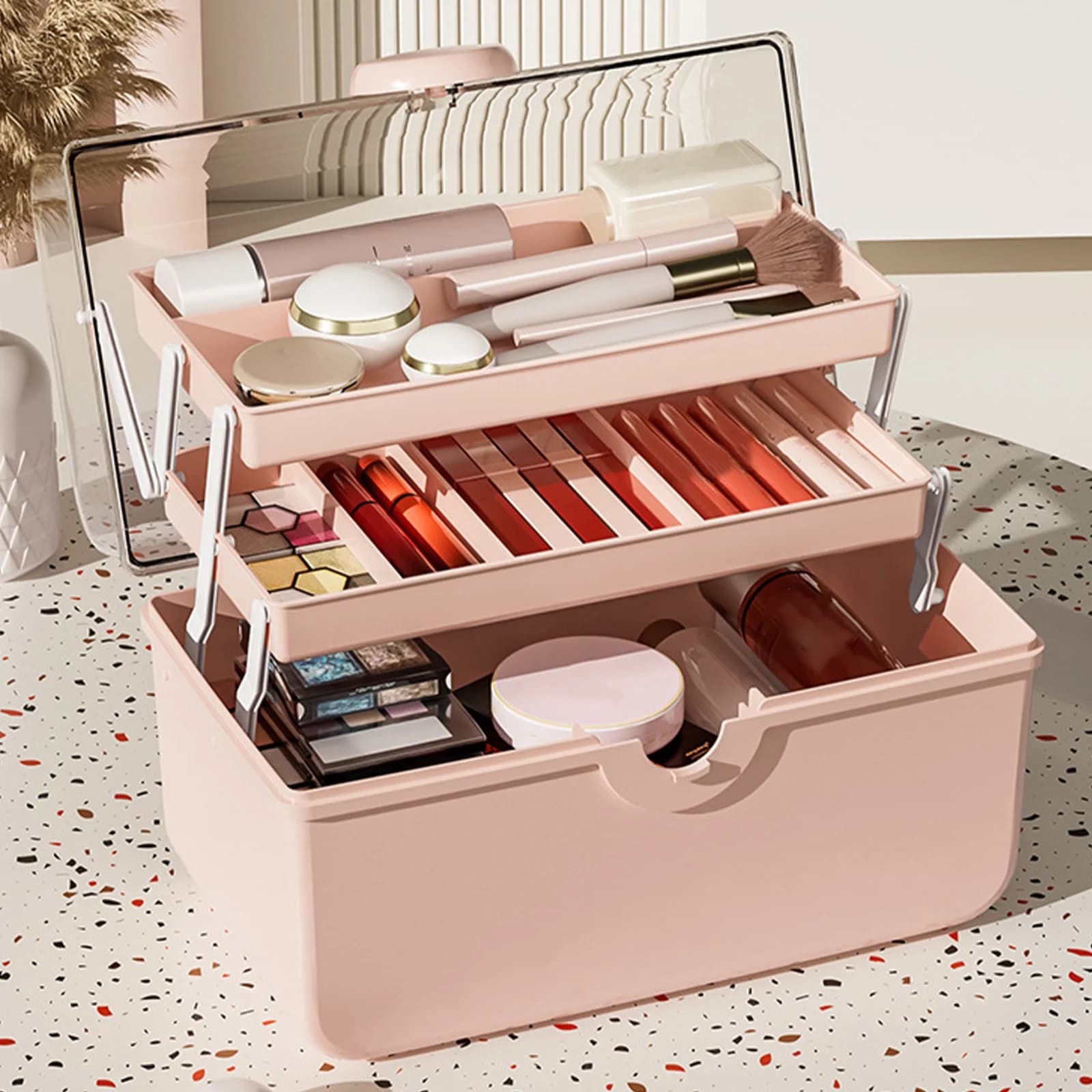 Large Capacity Makeup Storage Box, Transparent Plastic Cosmetic Organizer with Portable Desktop Design, Multifunctional Beauty Holder for Cosmetics Jewelry and Small Item Storage