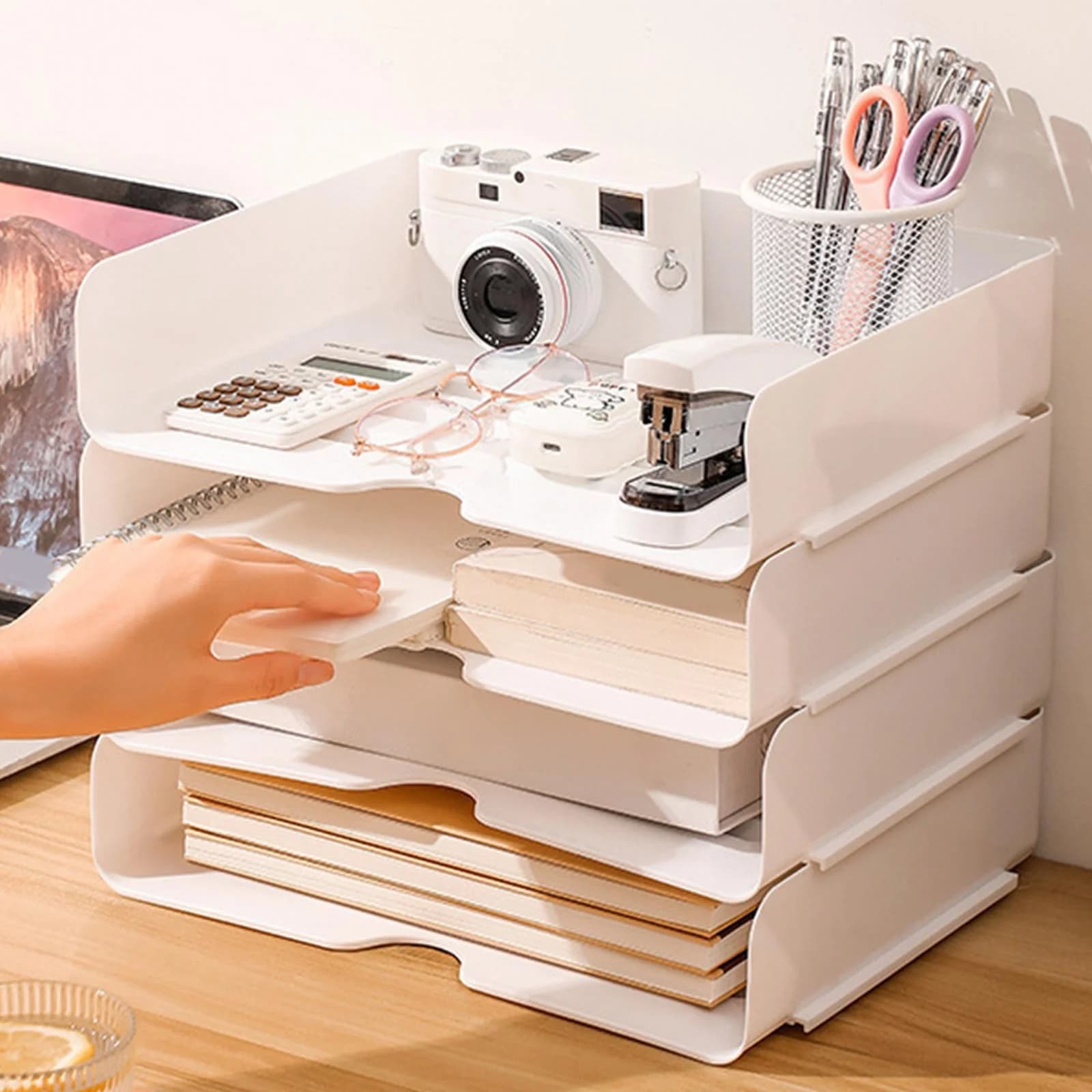 Linnome Stackable A4 Paper Letter Tray Multi-Tier Plastic Desktop File Organizer Rack, Open Document Book Storage Tray for Office Home Desk Supplies, White Document Holder and Stationery Sorter
