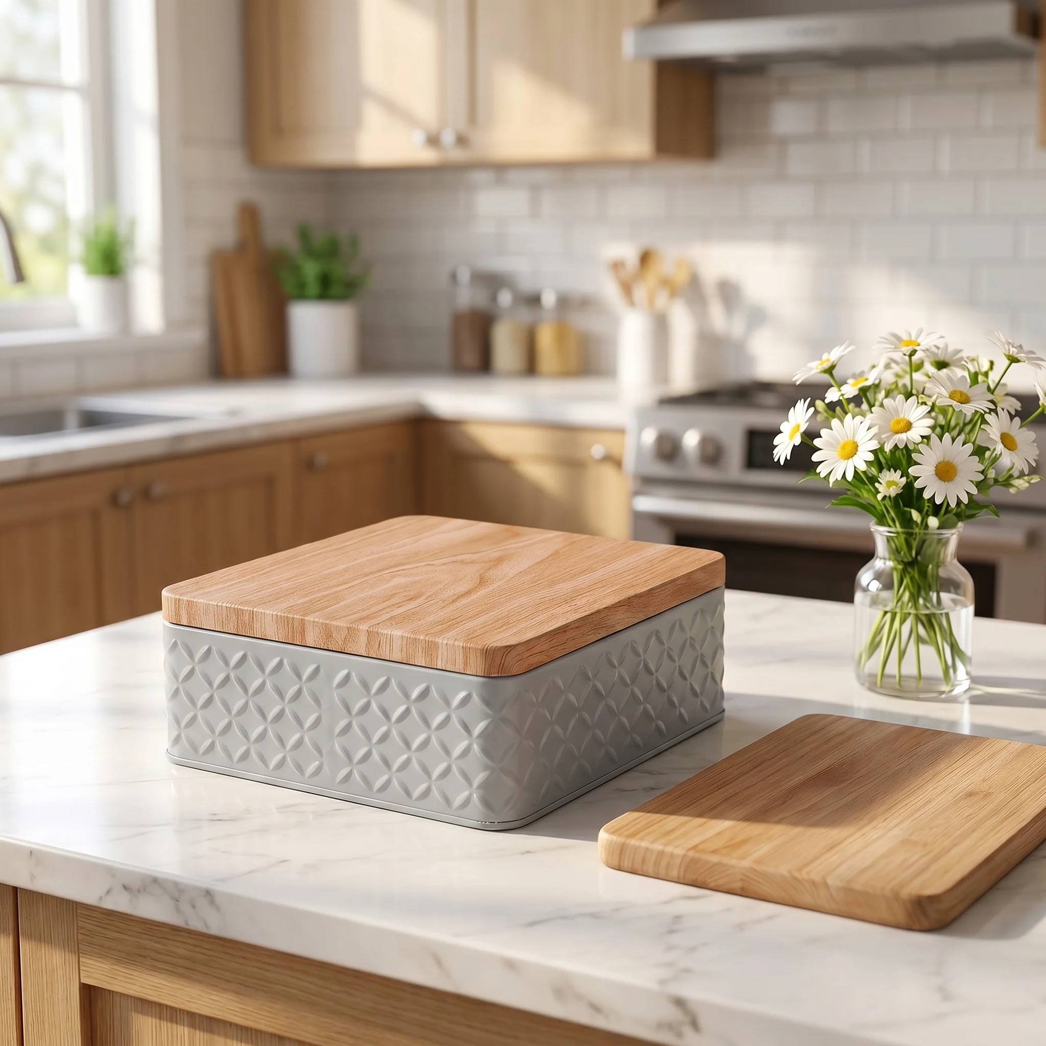 Embossed Metal Kitchen Storage Box with Bamboo Lid – Space-Saving Container for Bread Rolls, Cookies, and Snacks (6.77" x 6.77" x 2.40")