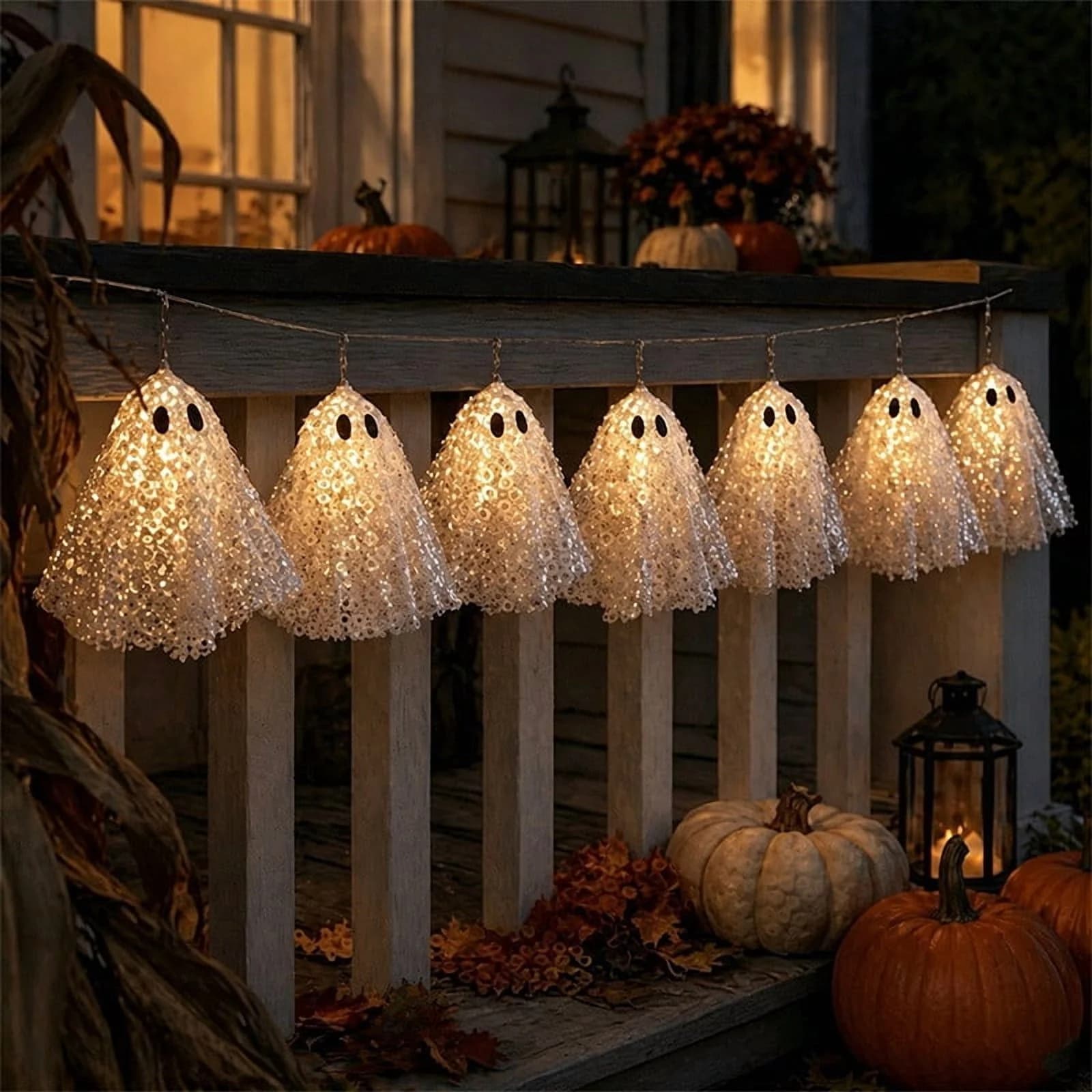 MMJ Led Lights Halloween Sequin Ghost String Lights 10 Count Battery Operated Warm Glowing Indoor Party Garland 78.74in