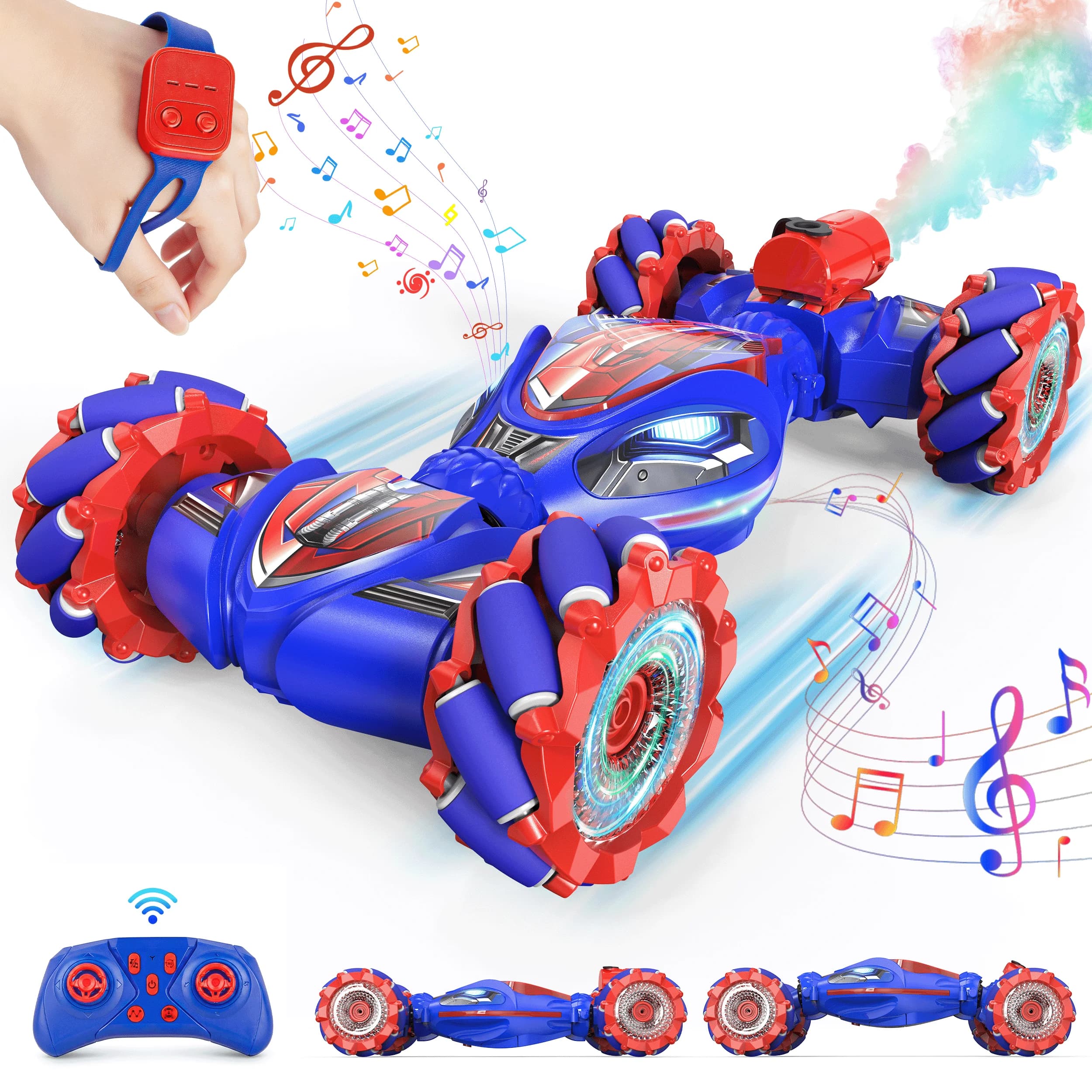 MYSPRI 4WD Remote Control Stunt Car for 8-12 Year Old Boys, 360 Flip Gesture Sensing RC Drift Car Toys with Spray Light & Music, Christmas Birthday Gifts for Kids