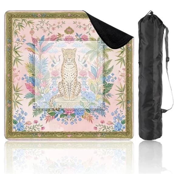 Mahjong Mat 31.5" x 31.5" Ornate Leopard Tropical Foliage Cranes Birds Floral Pink Green Non-Slip Noise Reduction American Mahjong Tiles Table Cover for Dominoes Poker Card Board Games Gift