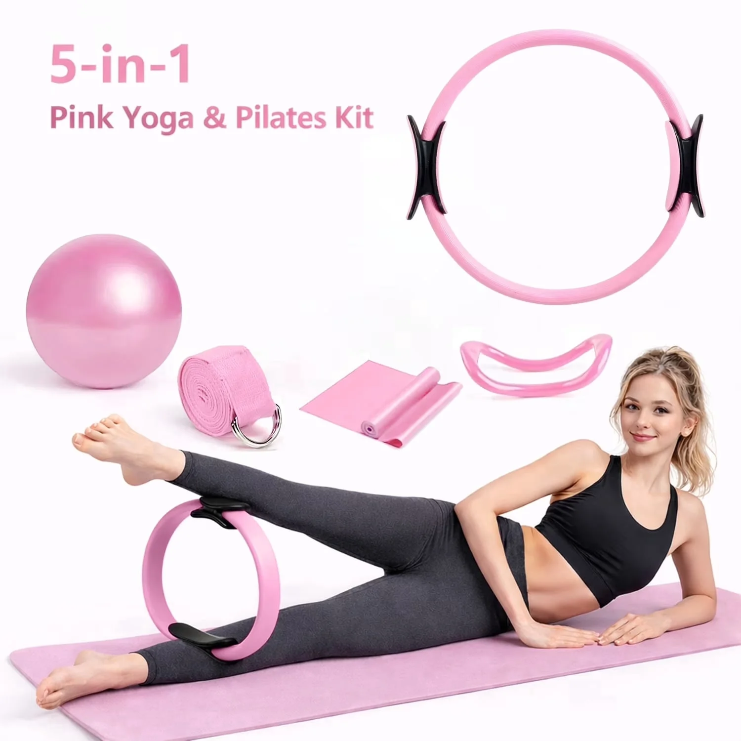 Merryhome Pilates Juego de Anillos 5‑en‑1 – Anillo de Pilates de 15", Pelota Mini de 9.8", Correa Elástica de 70", Resistance Band, Material NBR, Kit de Entrenamiento en Casa para Mujer