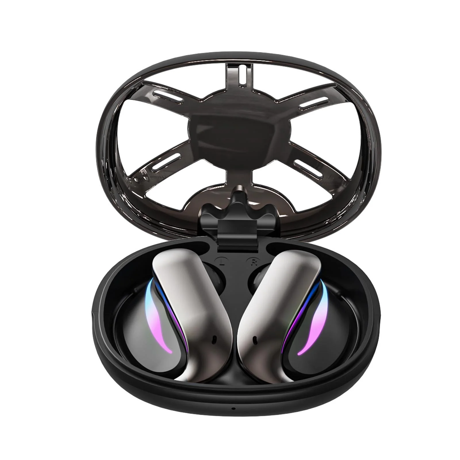 Metal OWS Open Ear Bluetooth Headphones, Mechanical Style with RGB Light, 45H Battery and HiFi Sound, for Sports Gaming Daily Use