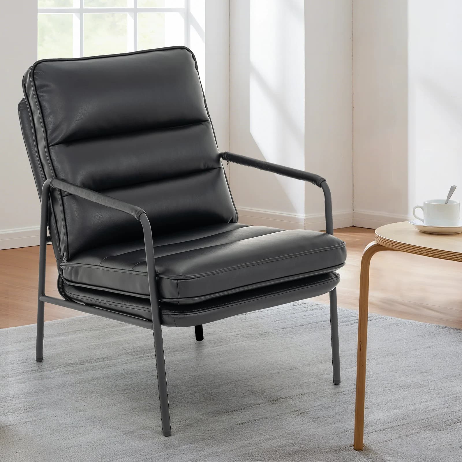 Modern Accent Chair with Armrests, High Back Ergonomic Reading Lounge Chair in Black PU Leather, Thick Padded Seat with Metal Frame and Non-Slip Legs for Living Room, Bedroom, Study