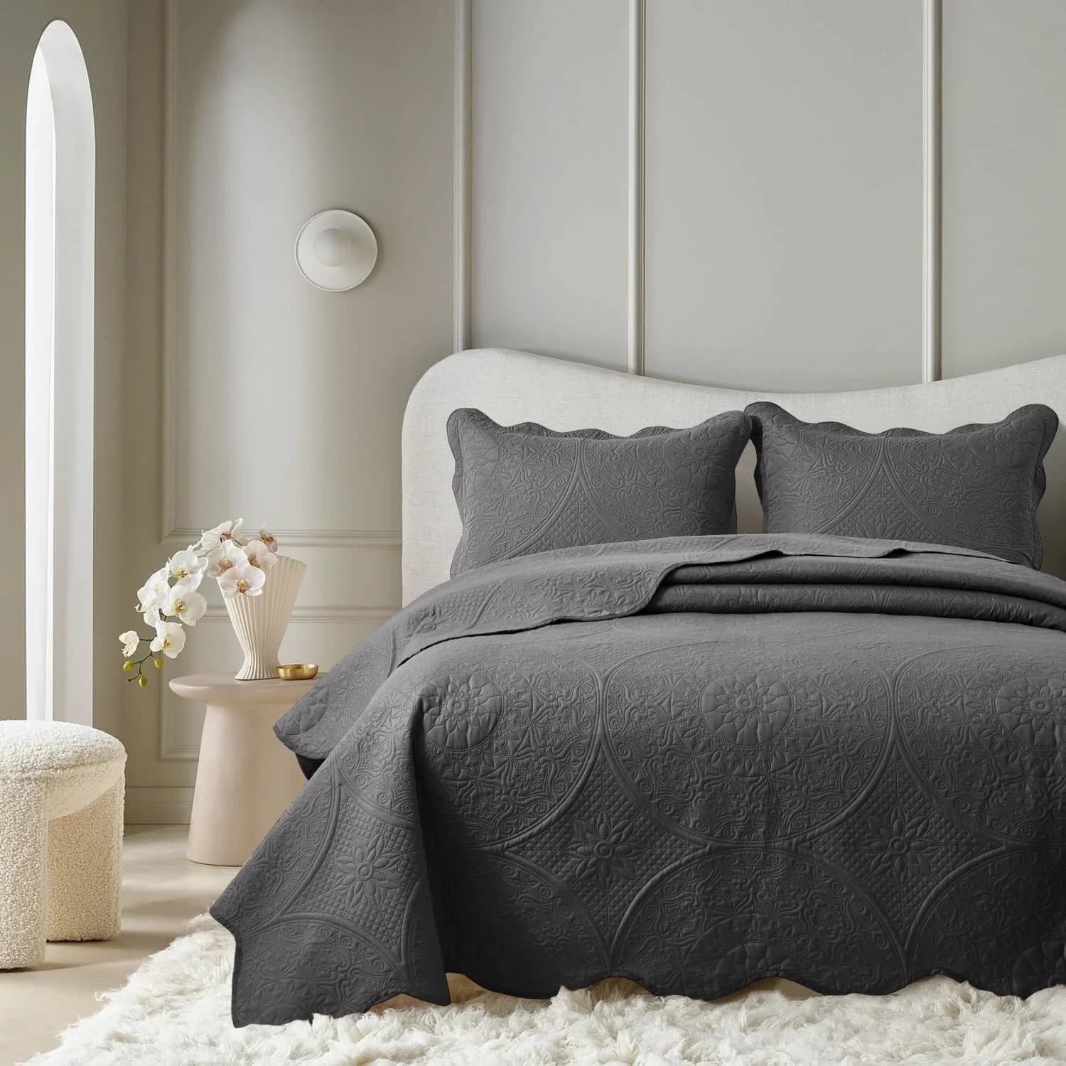 IR Imperial Rooms 3Pc-Embossed Bedspread Soft Microfiber Floral Modern Quilt Set Lightweight Queen Charcoal