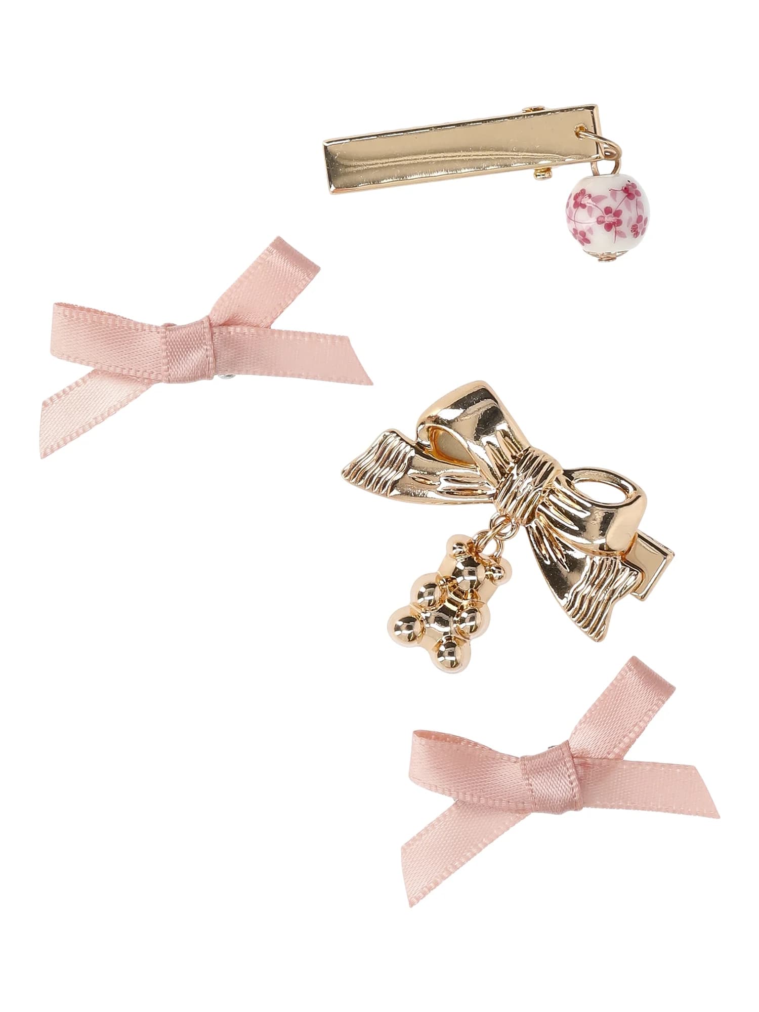 No Boundaries Bow and Charm 4-Piece Hair Clip Set - Blush/Gold Tone
