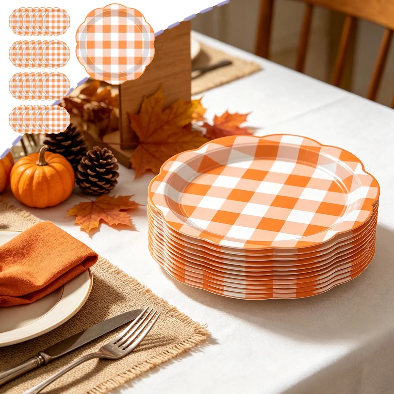 Orange Check Paper Plates, Disposable Dinnerware for Thanksgiving and Birthday Parties