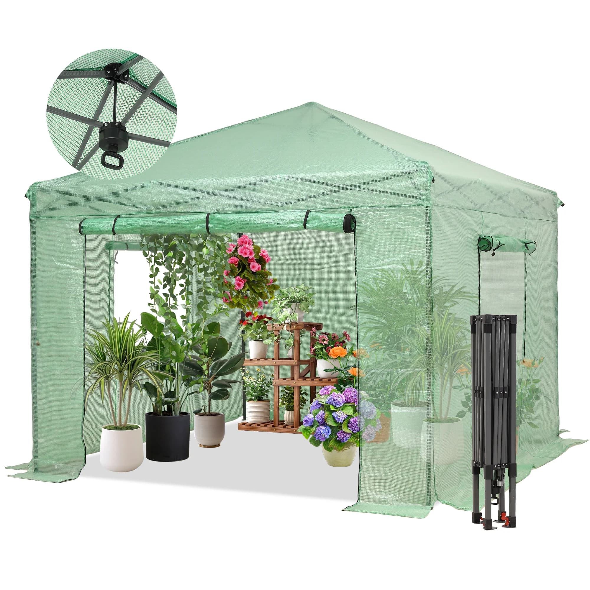 Outdoor Basic 8X8FT Pop-up Greenhouse, Walk-in Plant Gardening Green House with PE Cover/Roll-Up Zipper Doors/Side Windows for Indoor, Backyard and Pation, Green.