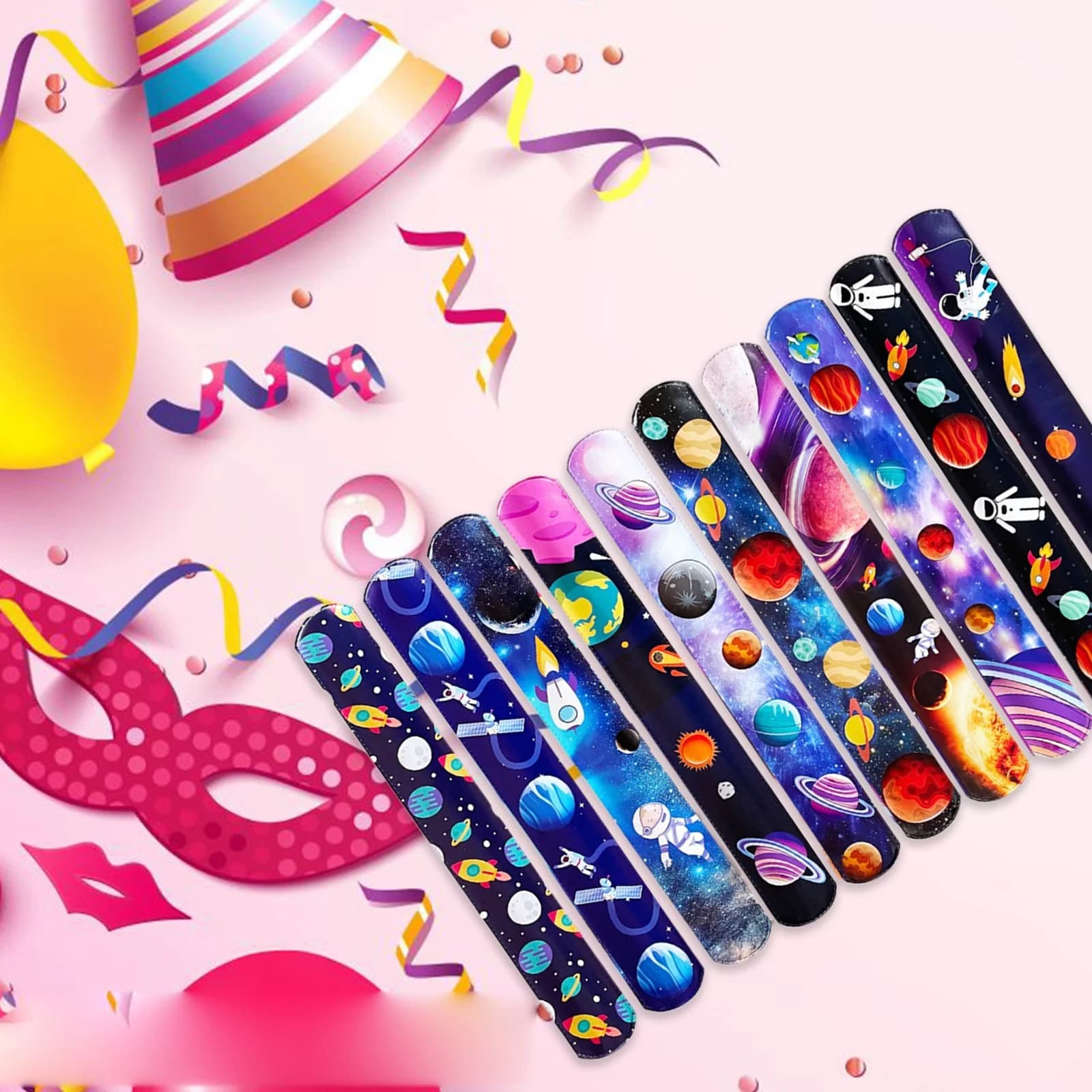 Outer Space Themed Easy Wear Slap Bracelets for Kids Party Galaxy Astronaut Wristband Classroom Solar System Planet Decorations, 8.66x1.18 inch, Blue