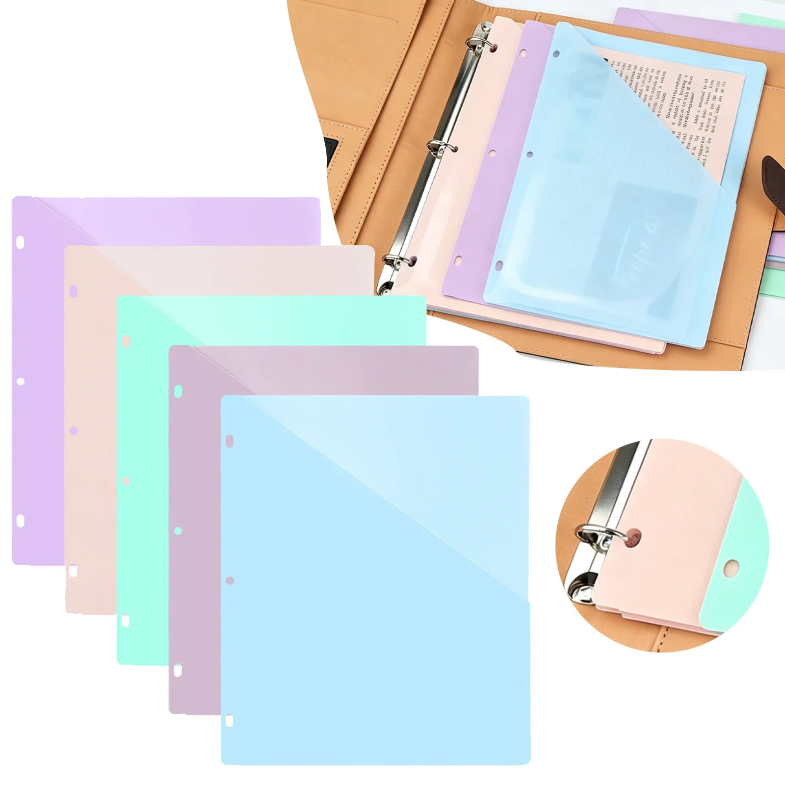 Pastel Plastic Pocket Folders, 5-Pack 11" x 9" Binder Dividers, Slant Pocket File Folders for 3-Ring Binder Office Organization, MELF