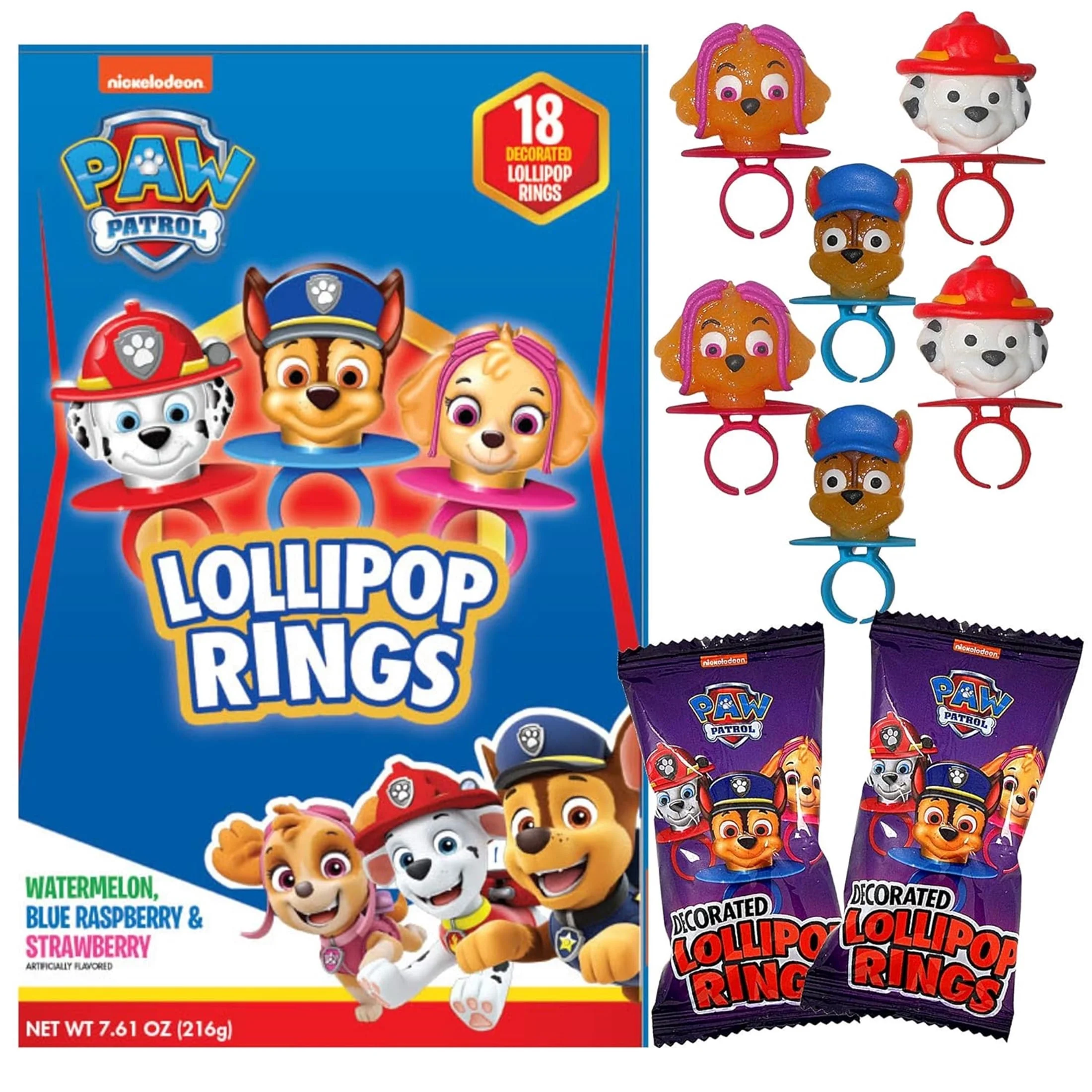 Paw Patrol Aros de Paleta para Recuerdos de Fiesta, Dulces con Forma de Personaje, Sabores Surtidos de Frutas, Paquete de 18