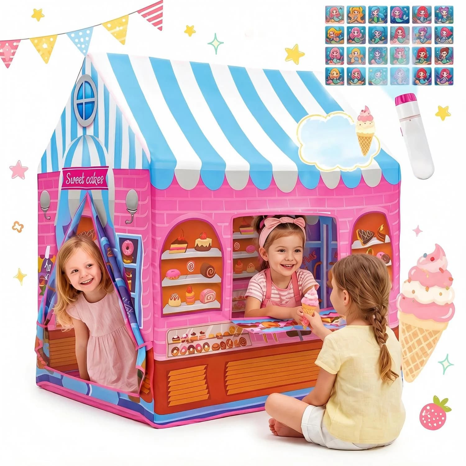 Carpa de Juego para Niños, Casita de Helados Carpas de Juguete con Proyector de Linterna, Carpa de Juego Rosa para Niñas Juguetes de Interior y Exterior