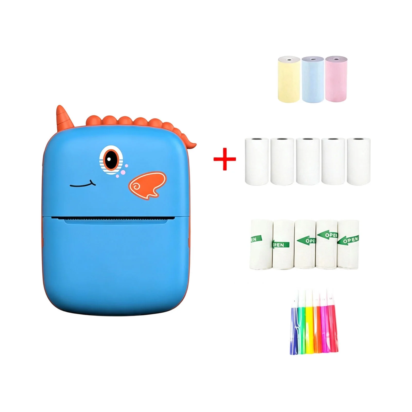 Portable Bluetooth Thermal Printer - Mini Inkless Label Maker Cute Dinosaur Design 4.33x3.15x1.18inch Black & White Printing Machine with Paper & Stickers for Study Notes