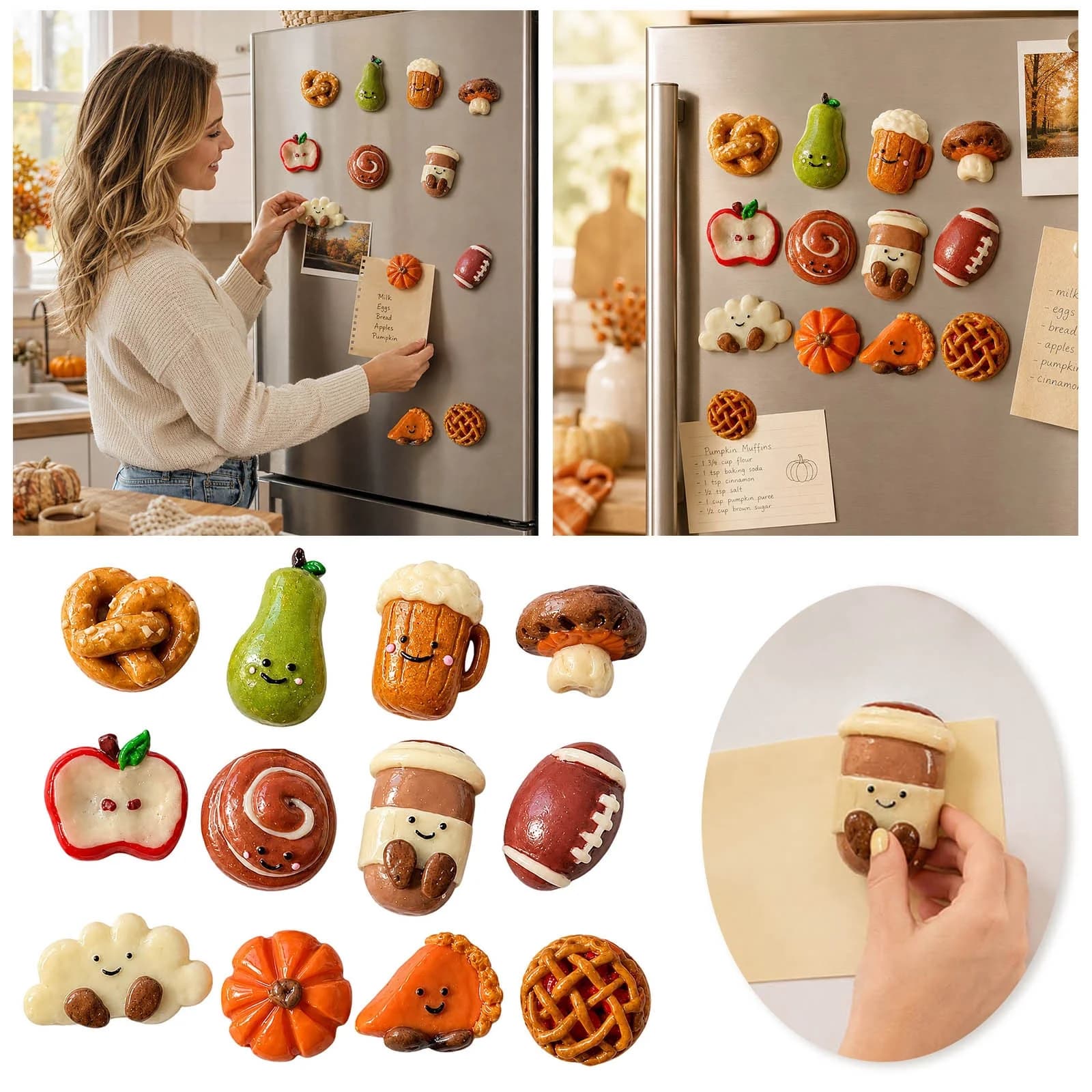 QIUXUJ - 12Pcs Fall Cute Food Resin Fridge , Autumn Refrigerator for Kitchen, Cute Thanksgiving Decor, Harvest Food for Lockers, Office Cabinets and Metal Boards