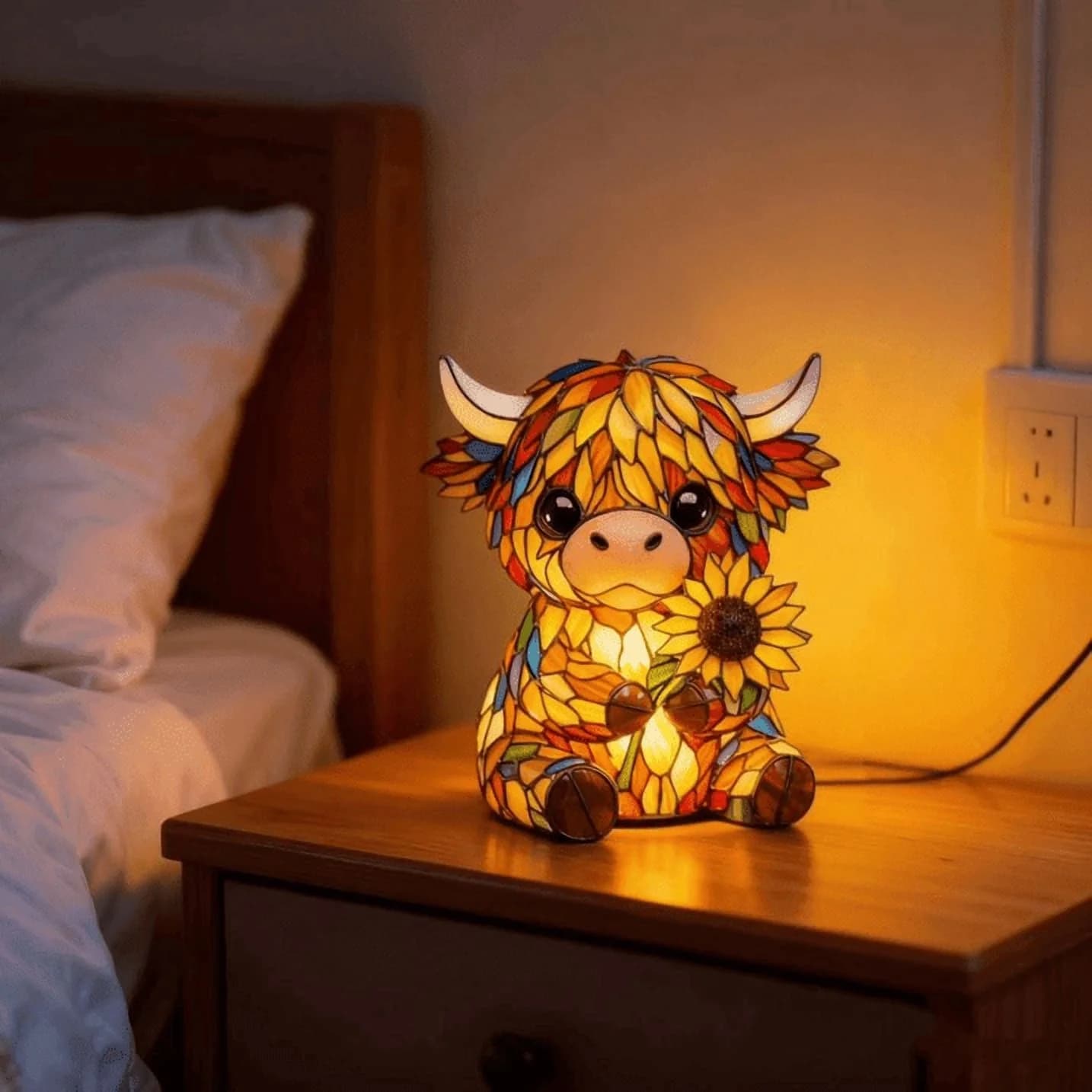 Rijanmt Handcrafted Highland Cow Sunflower Led Night Light,Tiffany Style Stained Glass Highland Cow Night Lamp,3D Animal Night Light For Home Office Bedroom Desk Decor,Usb Powered,5.91 " H