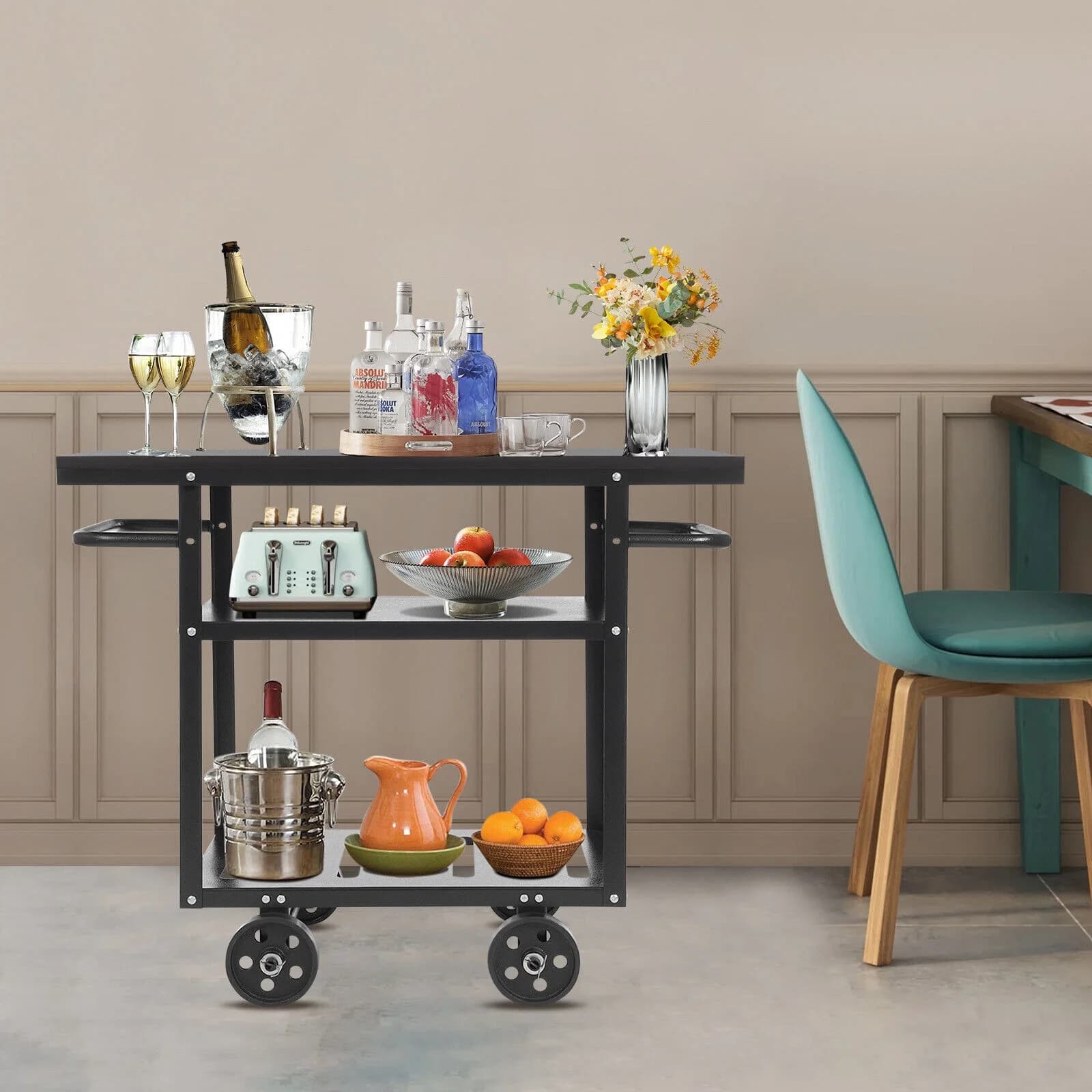 Rolling Bar Cart Industrial Mobile Serving Cart Trolley Kitchen Storage 3 Tiers