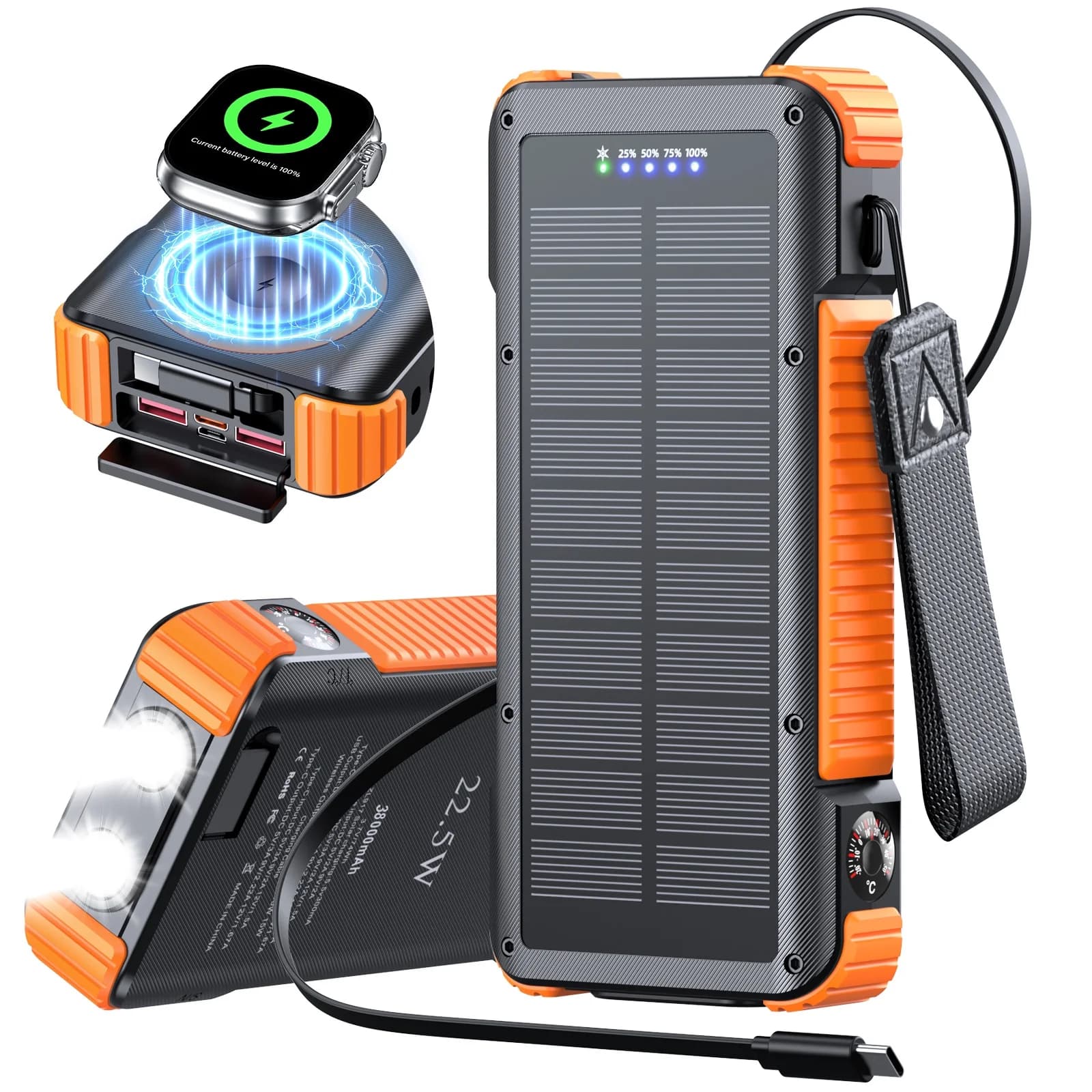 SOLPOWBEN 38800mAh Solar Power Bank, 22.5W Fast Charging Portable Charger with 27.6-Inch Retractable Cable, 3-in-1 Magnetic Wireless Charging for iPhone 12+, Watch & Earbuds