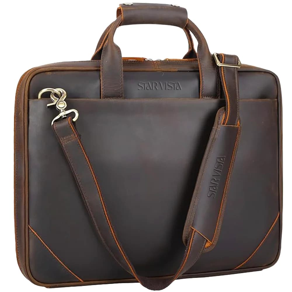 STAR VISTA Vittorio Slim Laptop Messenger Bag, Full Grain Leather Briefcase for Men, Dark Brown, Fits 15.6" Laptop, YKK Zippers and Brass Hardware