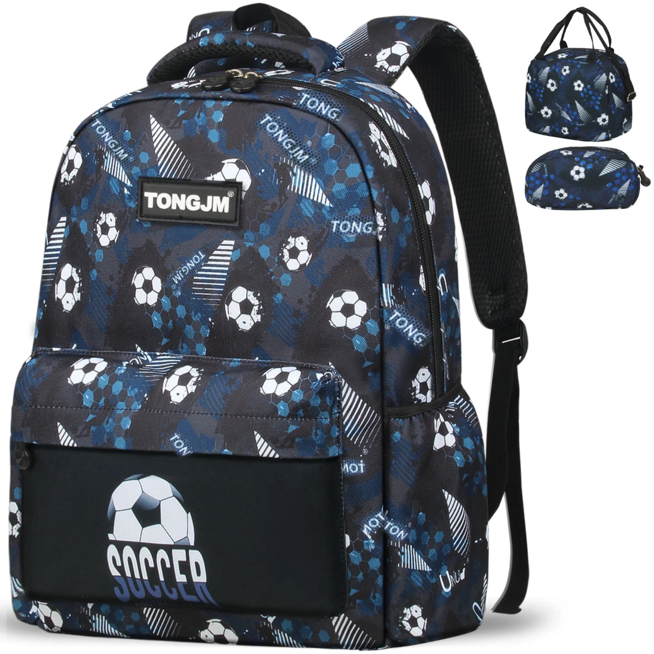 TONGJM Boys Soccer Backpack with Insulated Lunch Box, 3 Piece Kids Bookbag Set, Gift Set, Navy
