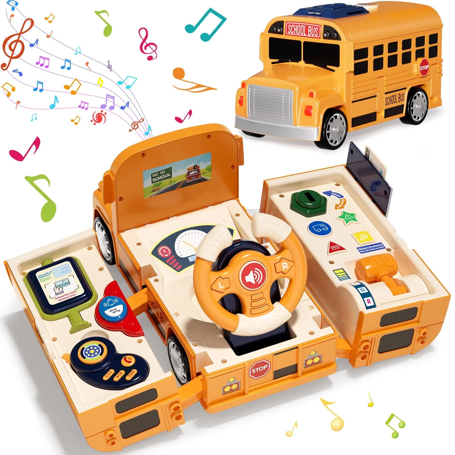 Juguetes de Autobús Escolar con Sonido, Historia y Música, Juguetes para Niños de 2 a 4 Años con Volante de Simulación, Juguetes para Niños Pequeños de 3 a 5 Años, Juguetes Educativos de Aprendizaje para Preescolar, Mejor Regalo para Niños y Niñas