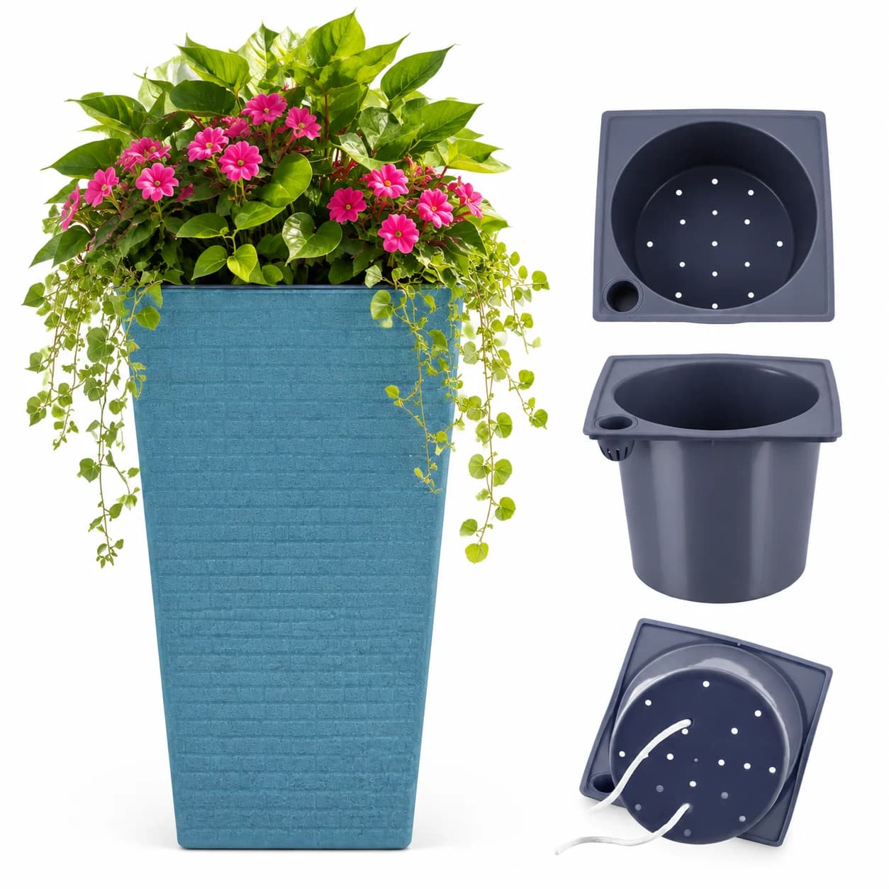 Self-Watering Tall Planter Large Modern Plant Pot with Drainage Holes, Decorative Flower Pot for Indoor/Outdoor Use Porch, Deck, Patio & Office