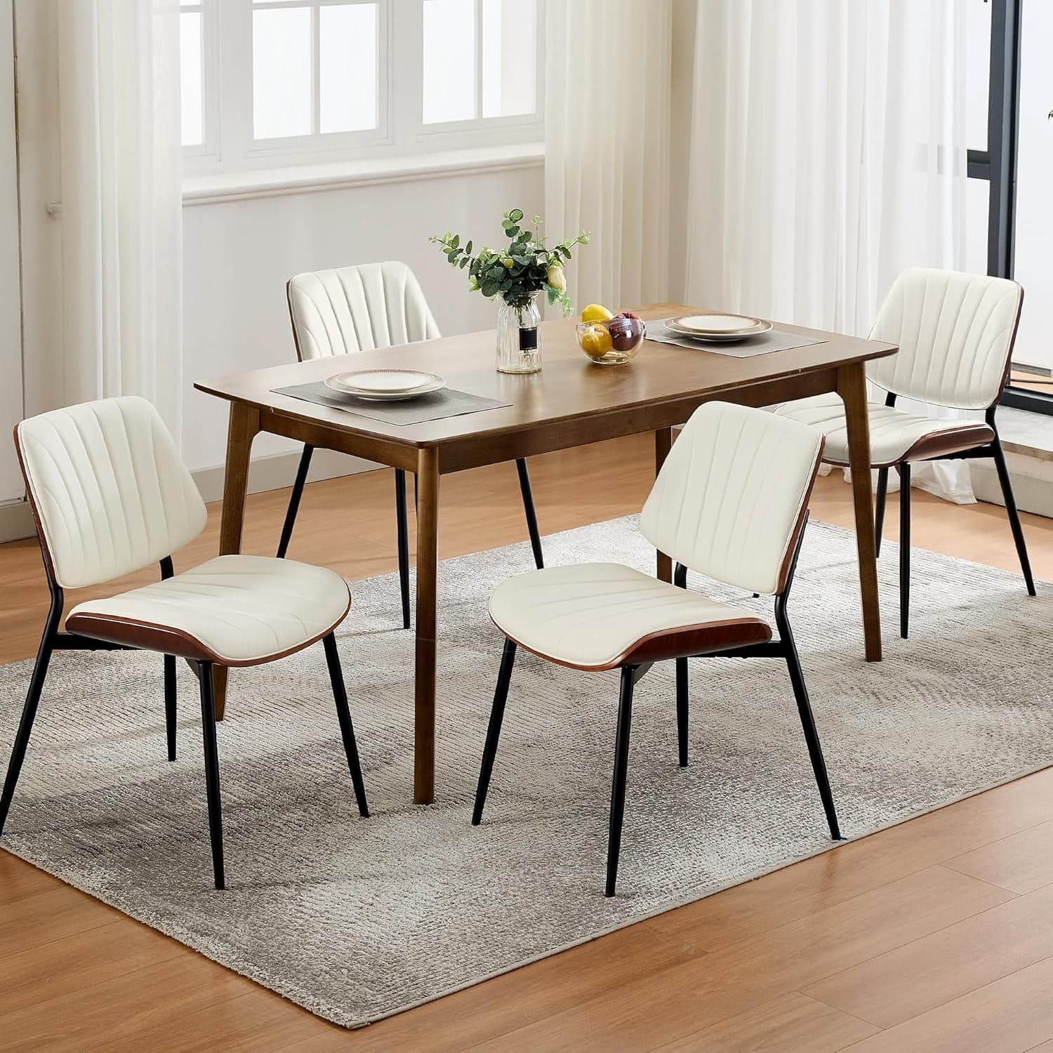 Set of 4 Modern Dining Chairs, PU Leather Upholstered Kitchen Side Chairs with Curved Bentwood Back, Metal Legs and Adjustable Feet,White
