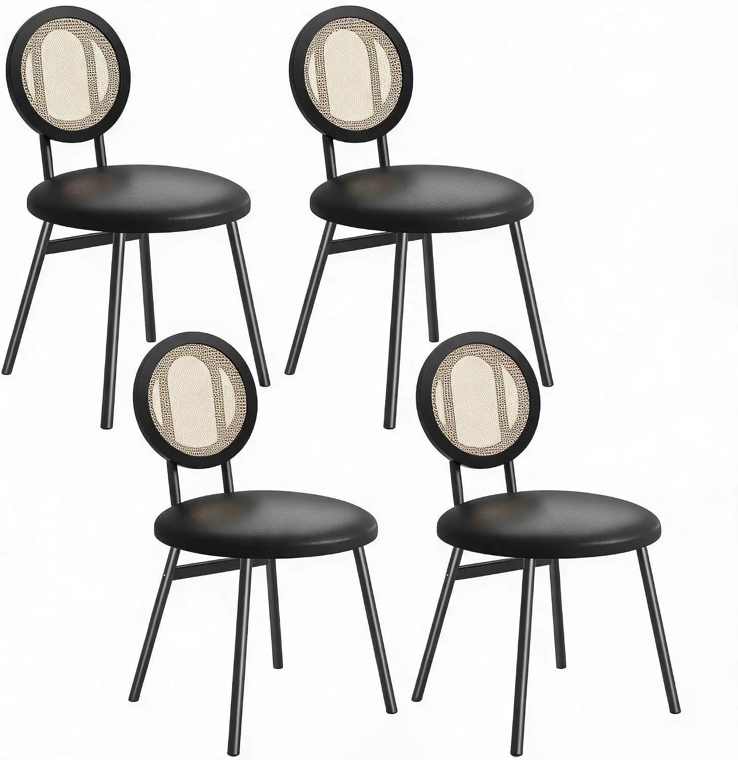Set of 4 Upholstered Dining Chairs, Cane Woven Back Kitchen Chairs with Thick Cushions, Metal Legs, Space-Saving Design, 300 lb Capacity,Black