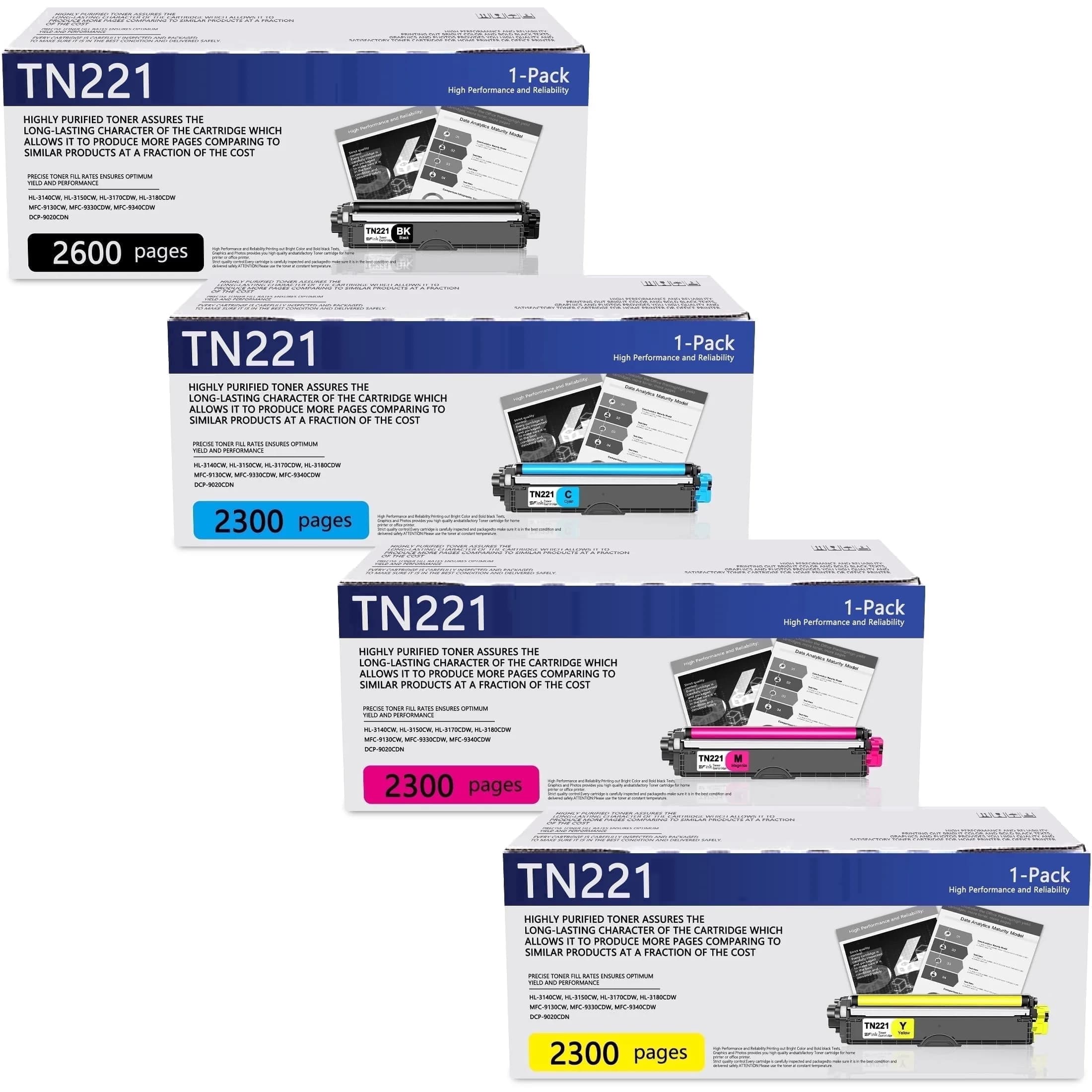 TN 221 TN2 TN221 TN225 Cartucho de Tóner Paquete de 4 Compatible para Brother TN221BK 25BK TN 225 Tóner para HL-3140CW HL-3150CW MFC-9130CW DCP-9020CDN Impresora