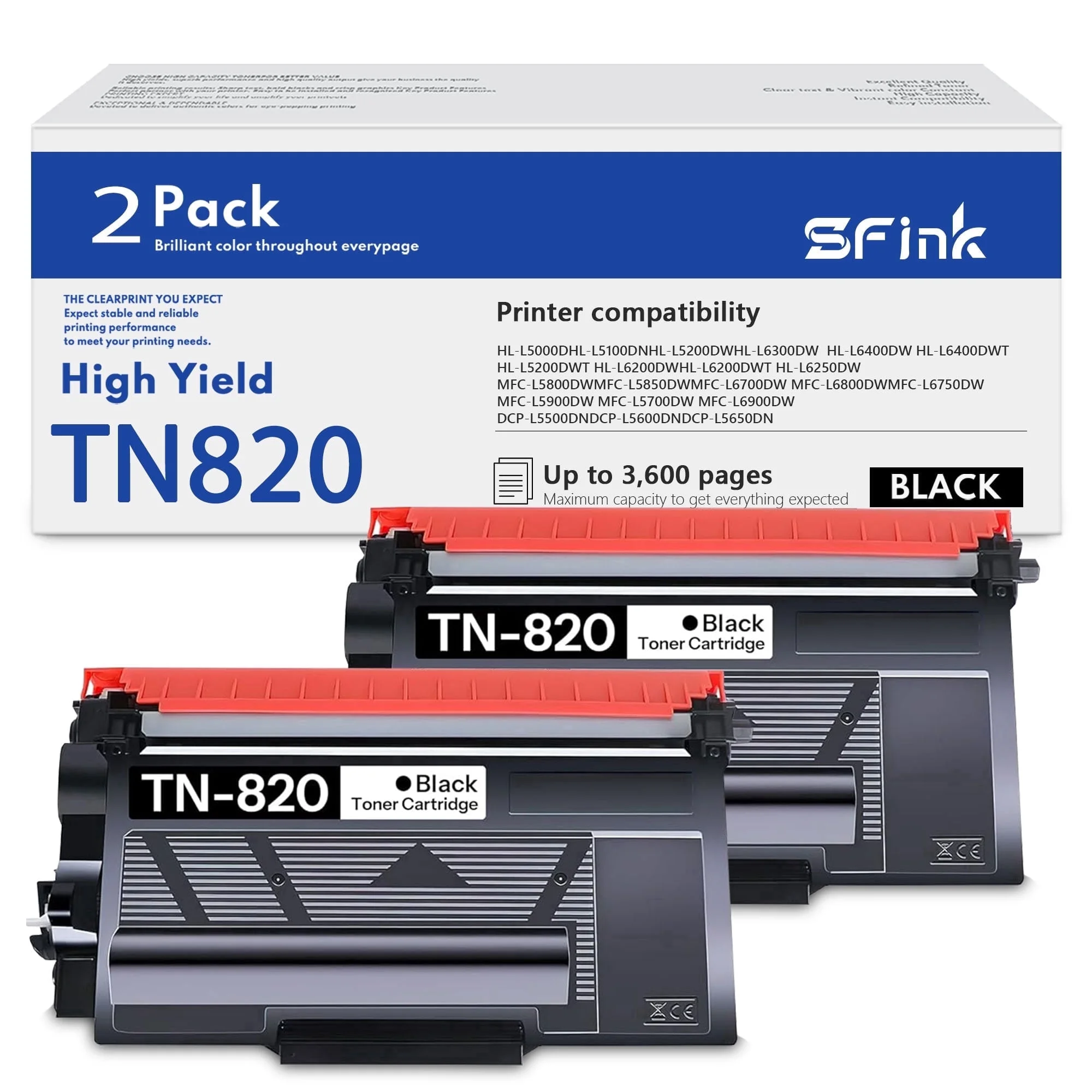 TN820 TN-820 Cartucho de Tóner Paquete de 2 Negro Compatible para Brother TN 820 TN850 TN-850 Cartuchos de Tóner para HL-L6200DW MFC-L5850DW MFC-L5900DW Impresora