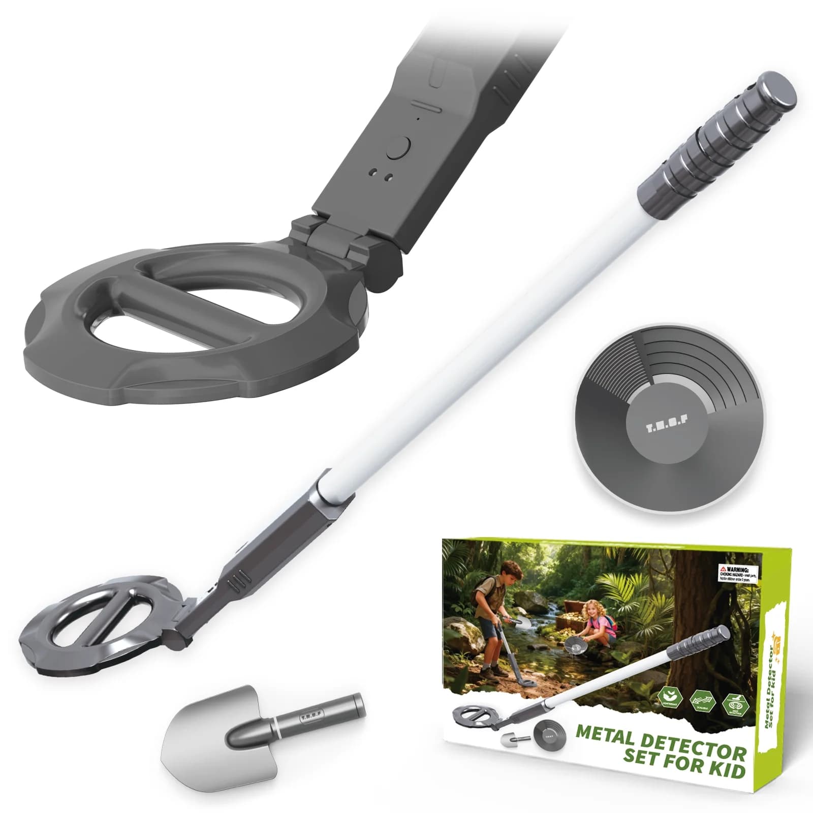 Tucraew Kids Metal Detector, 3-in-1 Treasure Hunt Kit with Gold Pan & Shovel, Waterproof Search Coil, LED Alert, Beach Toy Gift for Boys Girls