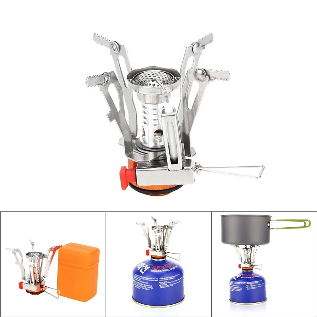 Ultralight Collapsible Camping Gas Stove with Piezo Ignition, Adjustable Flame Backpacking Burner with Storage Case, Universal Canister Camp Cooker for Hiking Outdoor Picnic