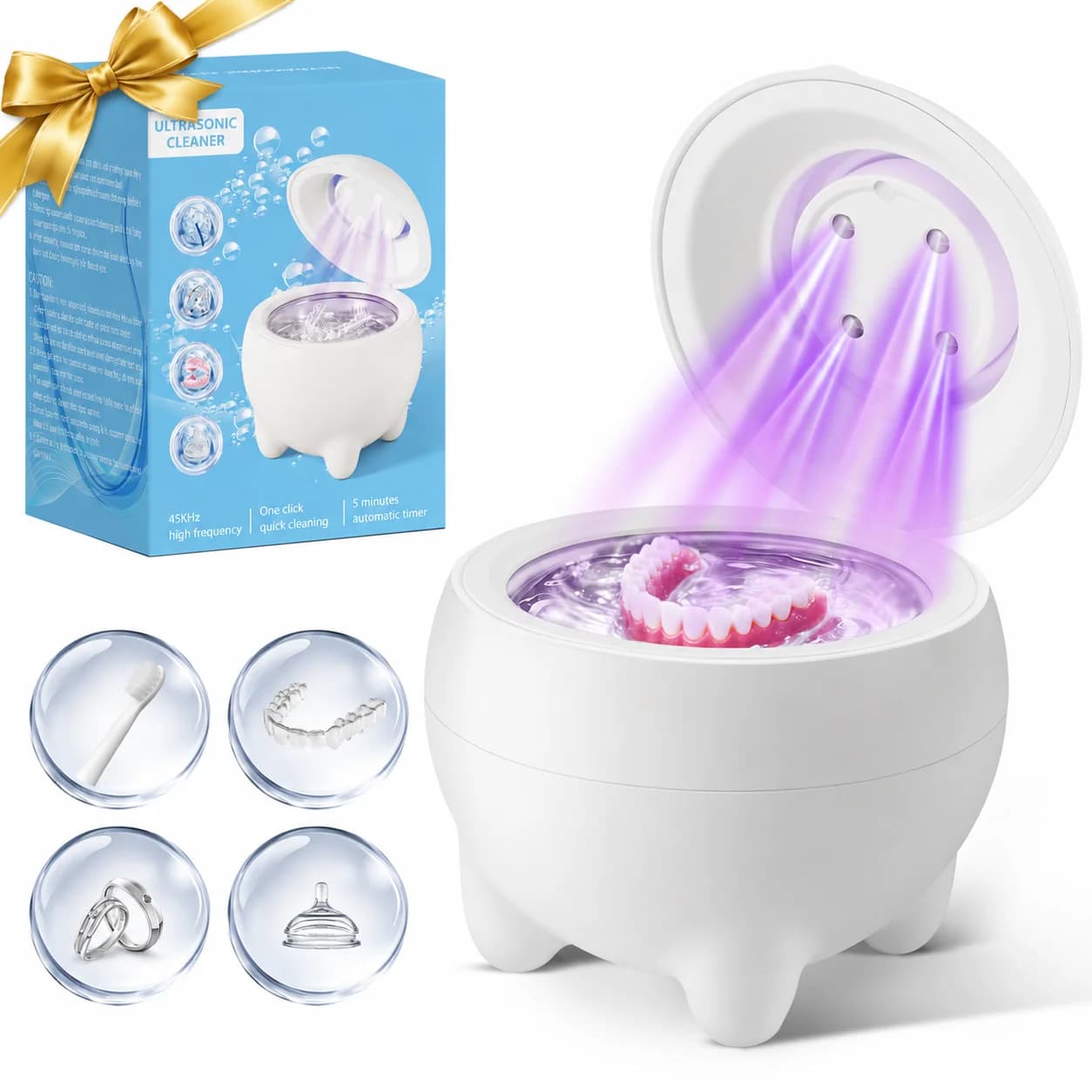 Ultrasonic Retainer Cleaner, 45kHz Dental Cleaning Pod for Aligners, Dentures, Night Guards & Mouth Guards, Quiet Compact, White