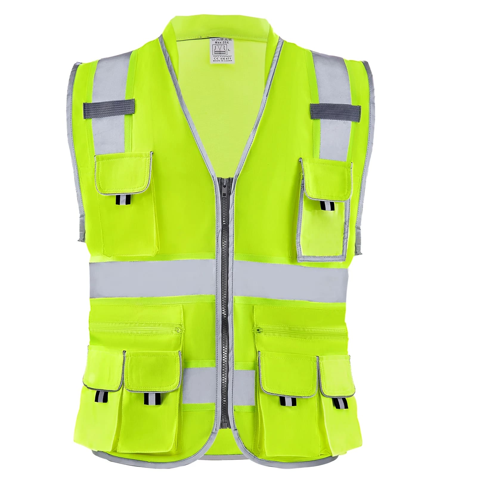VEVOR Safety Vest, 10 Pockets Yellow Safety Vest, Hi Vis Zipper Front Safety Vest with Reflective Strips, High Visibility Work Construction Vest with Pockets and Walkie-Talkie Clip, for Men & Woman