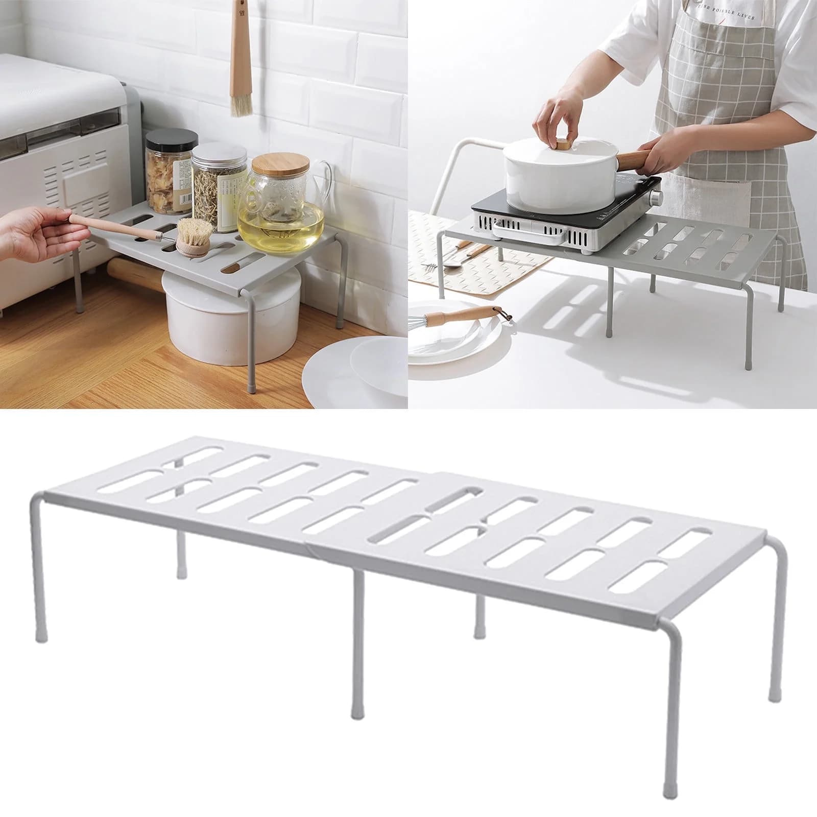 VMWMSSR Expandable Kitchen Cabinet Storage Shelf, Telescopic Stackable Counter Organizer Rack, Space Saving Shelf For Kitchen Under Sink Bowl Plate Spice Storage(White-14.17")