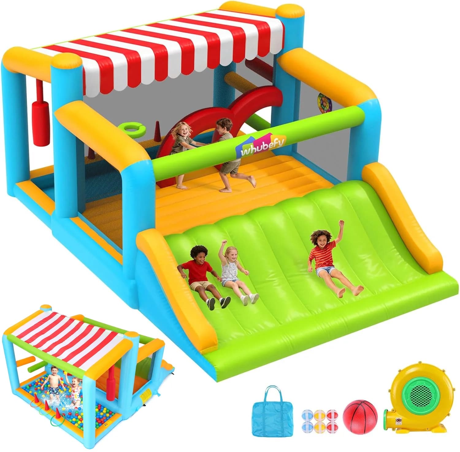 Veeboto Inflatable Bounce House 9-in-1 Multi-Functional, Water Slide with Ball Pool, Darts, Ring Toss, Punching Bag, and Obstacle Course, Indoor/Outdoor Kids Bouncy Castle Includes Blower