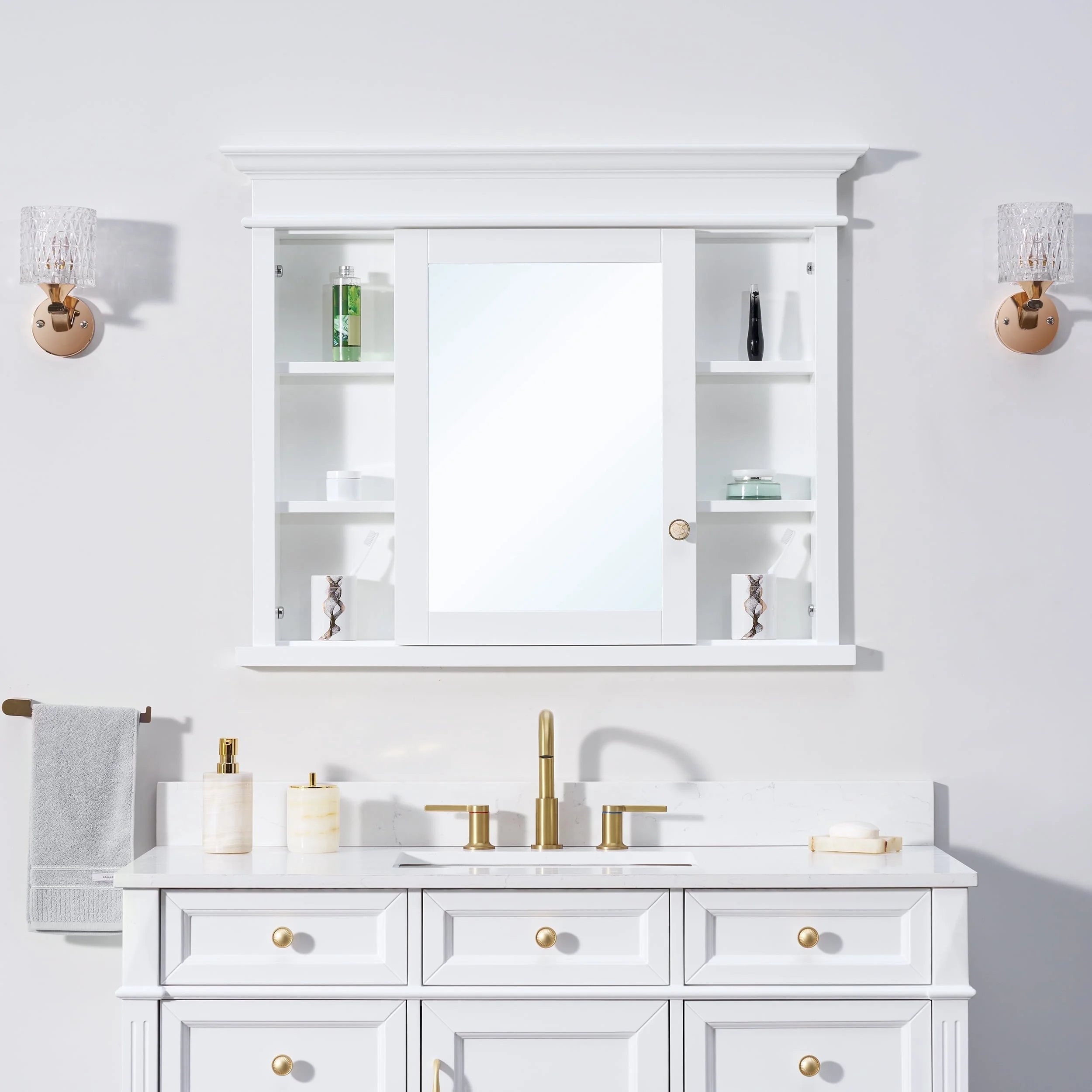 40" x 32" Bathroom Medicine Cabinet with 3-Tier Adjustable Shelves, Recessed Solid Wood Medicine Cabinet with Mirrors, Wood Mirror Cabinet with 1 Soft-Close Door and 4-Tier External Shelves
