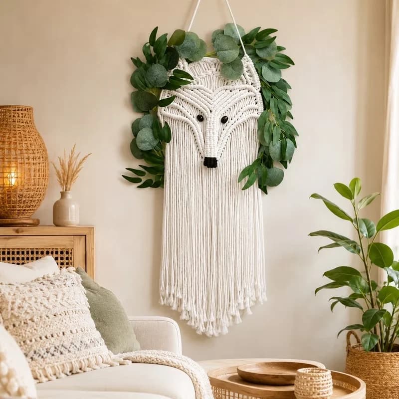 Fox Macrame Wall Hanging Artwork, Boho Wall Decor Tapestry with Leaf Accents for Bedroom, Living Room and Nursery, 31 x 15 in, White
