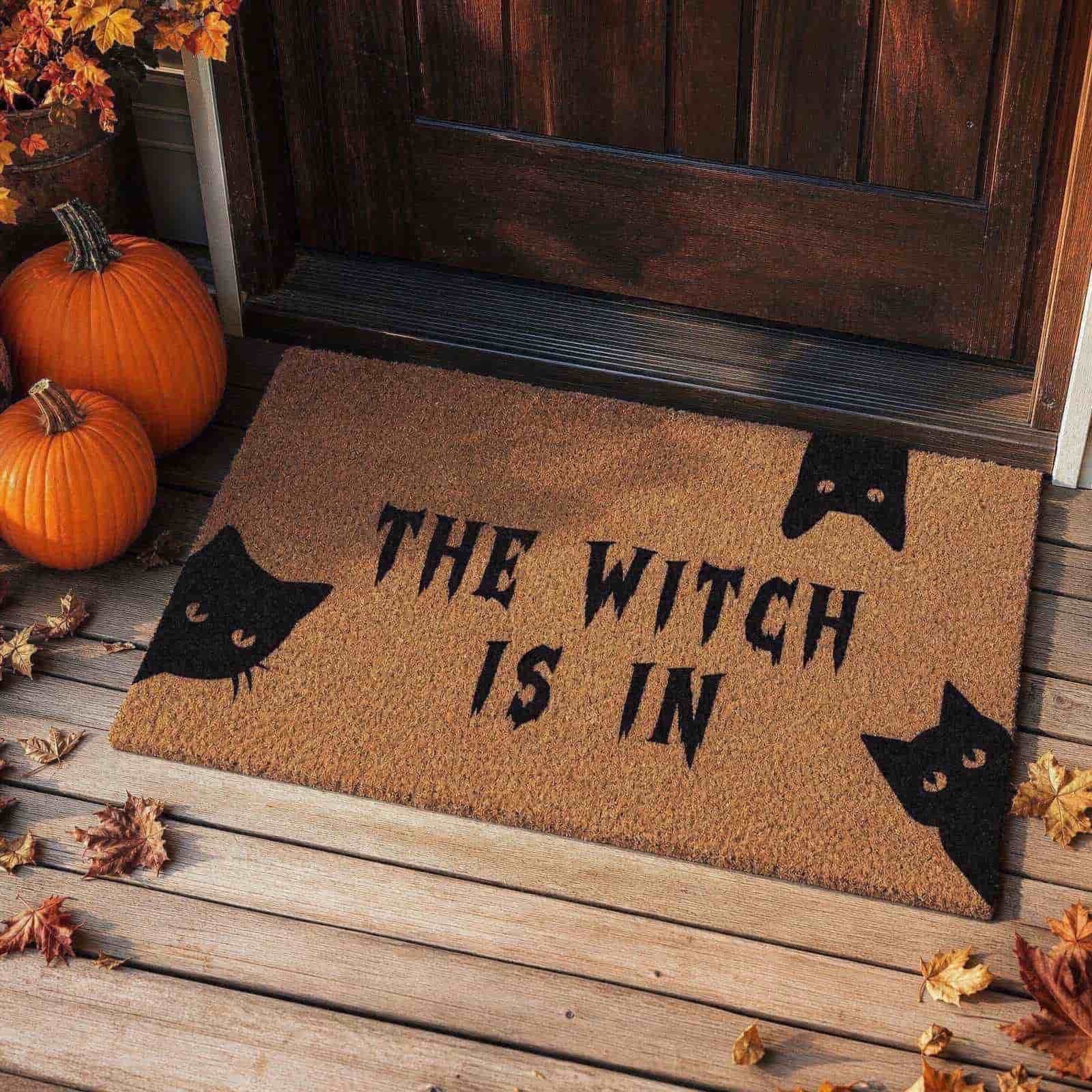 The Witch Is In Halloween Doormat Witch Silhouette Welcome Mat Halloween Front Door Rug for Porch Entryway Indoor Outdoor Floor Decoration Fall Holiday Home Decor