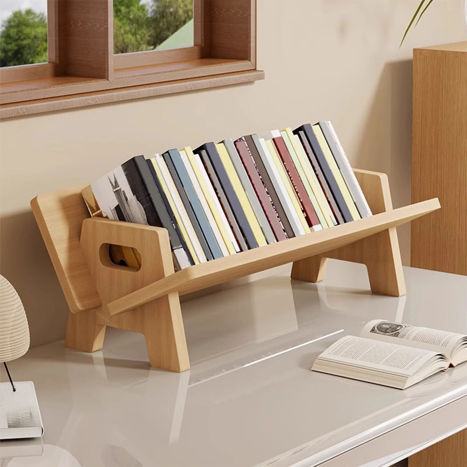 Wood Bookshelf Desktop Storage Rack - Solid Wood Book Stand Organizer for Home Office Study - Tilted Book Holder for Magazines, Novels, Textbooks - Small Space Bookshelf for Desk, Table, or Shelf