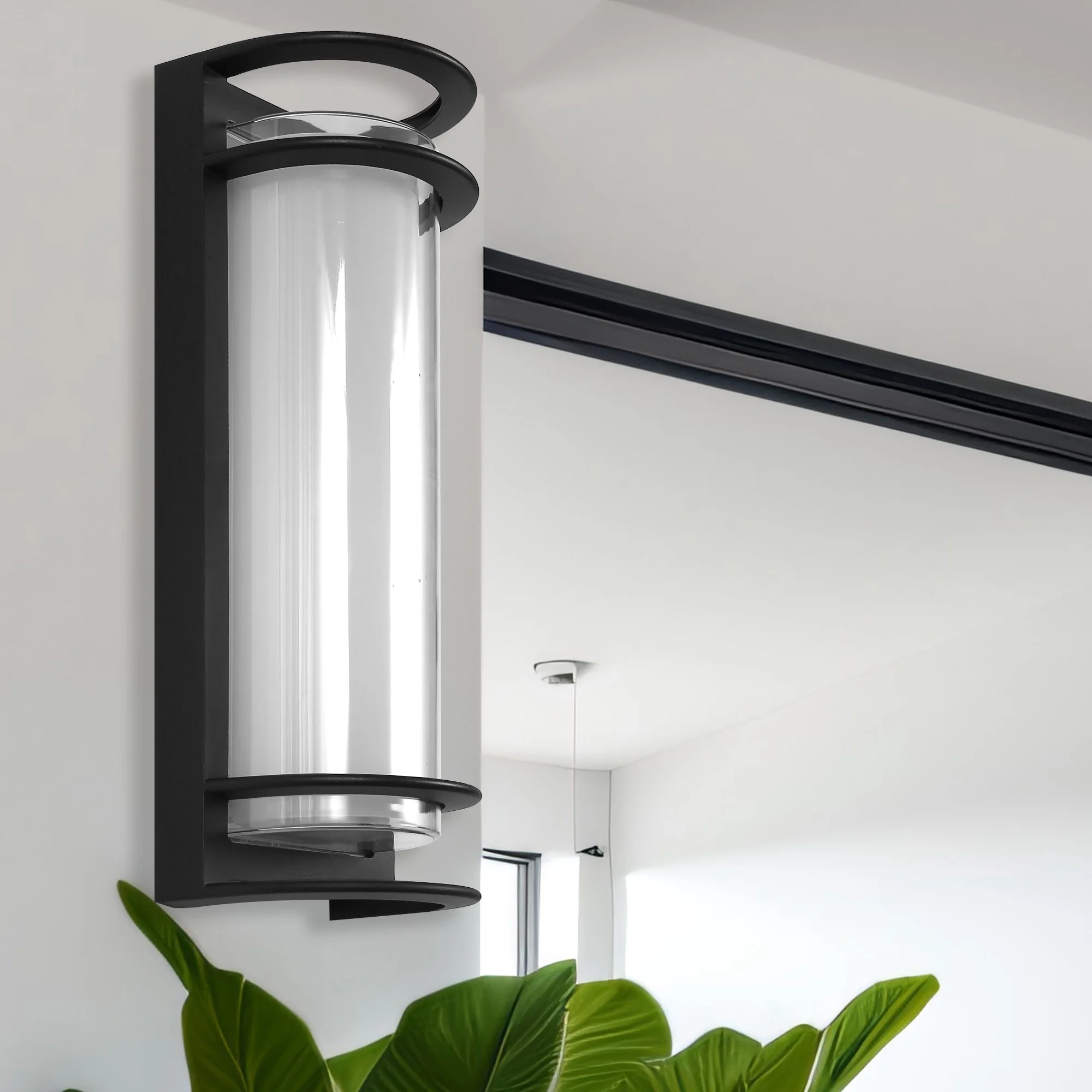 YANSUN 16.5in 30W LED Outdoor Wall Lantern, Modern Black Exterior Light Fixture with Acrylic Cylinder Shade, Waterproof Up/Down Lighting for Patio, Porch, Garden