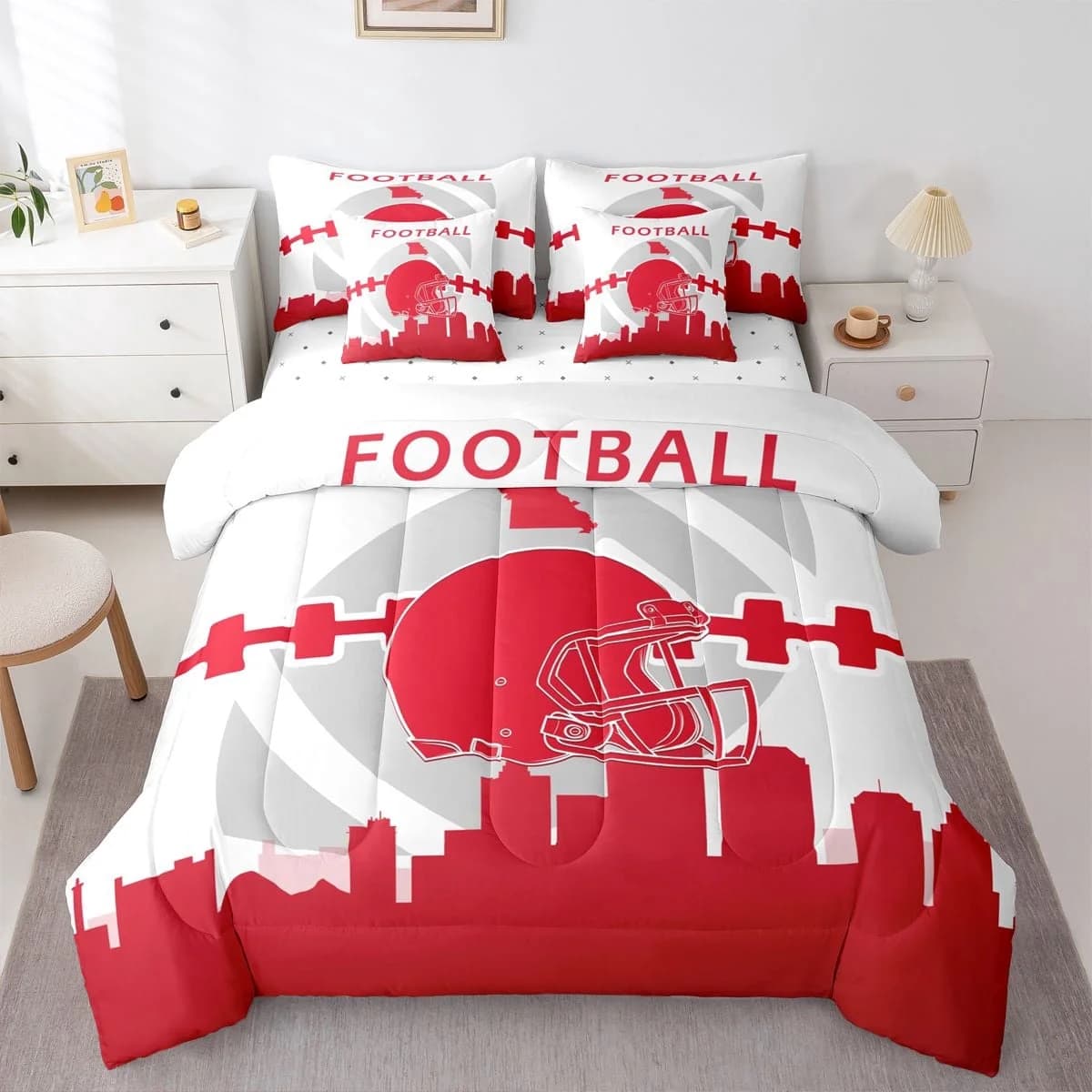 Erosebridal 7 Pcs Comforter Set Twin Size,Sports Bed in a Bag with Flat Sheet and Fitted Sheet and Adults,Football Bedding Set with Pillowcase and Sham(Kansas)